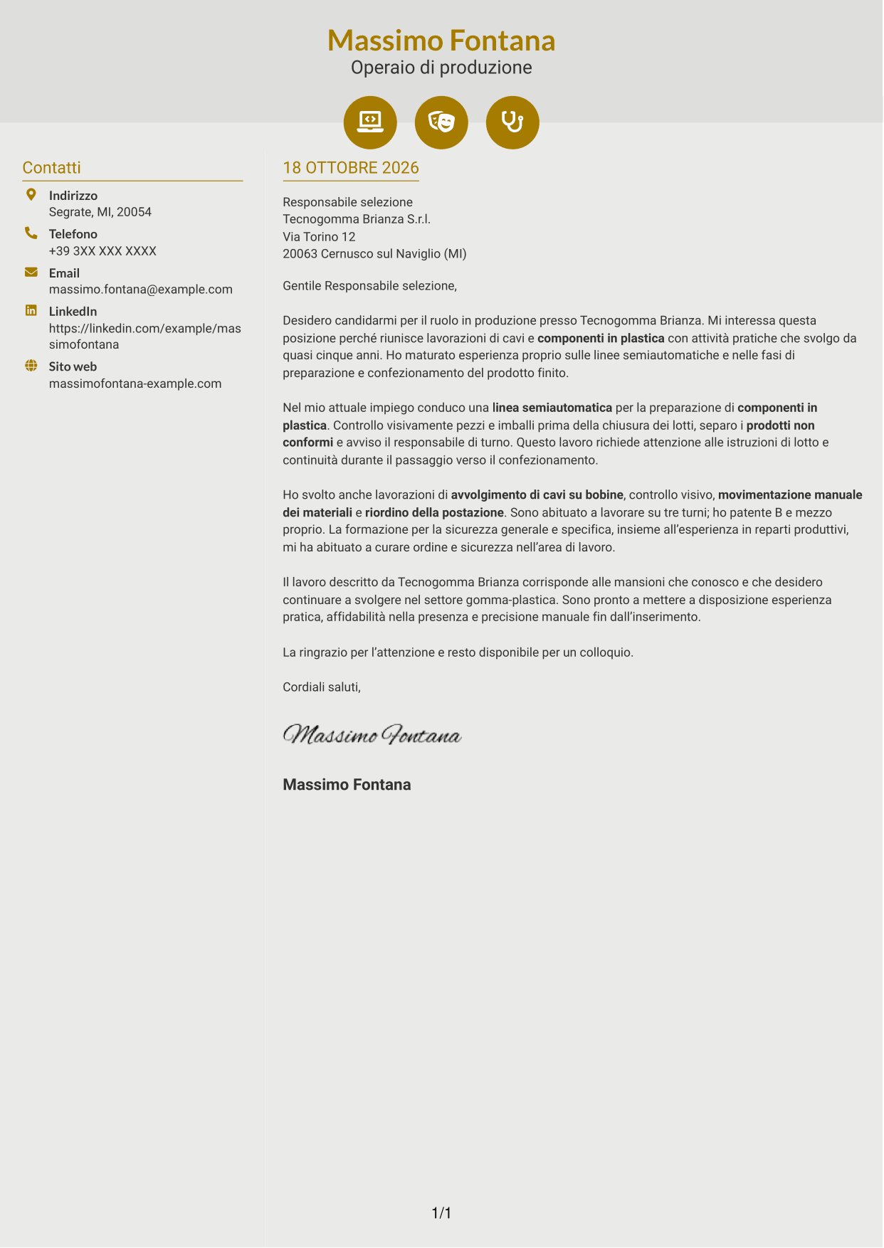 Lettera di presentazione Dinamico (formato a due colonne con icone): Operaio generico - Produzione gomma-plastica, pagina 1