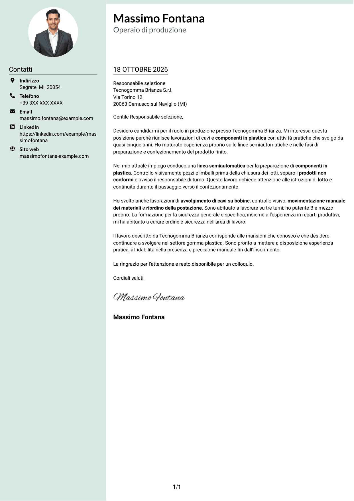Lettera di presentazione Dirigente (formato con colonna laterale tenue e foto arrotondata): Operaio generico - Produzione gomma-plastica, pagina 1