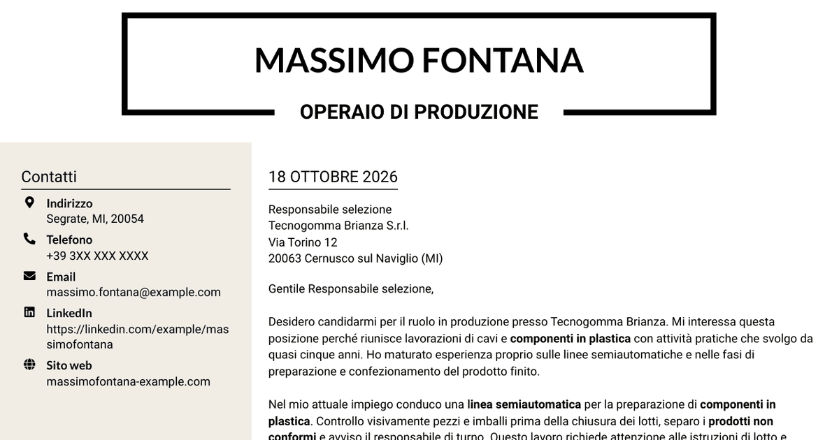 7 modelli di lettera di presentazione per Operaio generico - Produzione gomma-plastica, con esempi