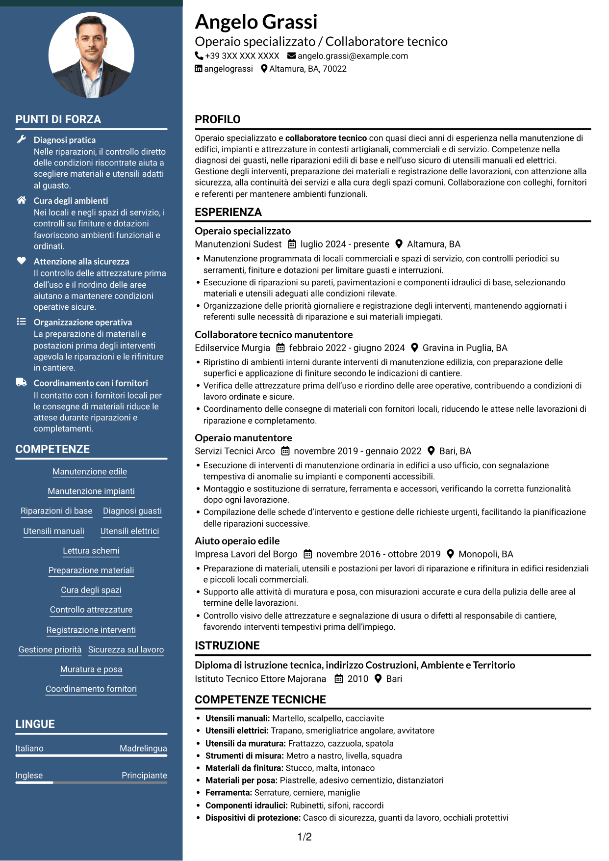 CV Elegante (formato con colonna laterale colorata e foto): Operaio specializzato / Collaboratore tecnico, pagina 1