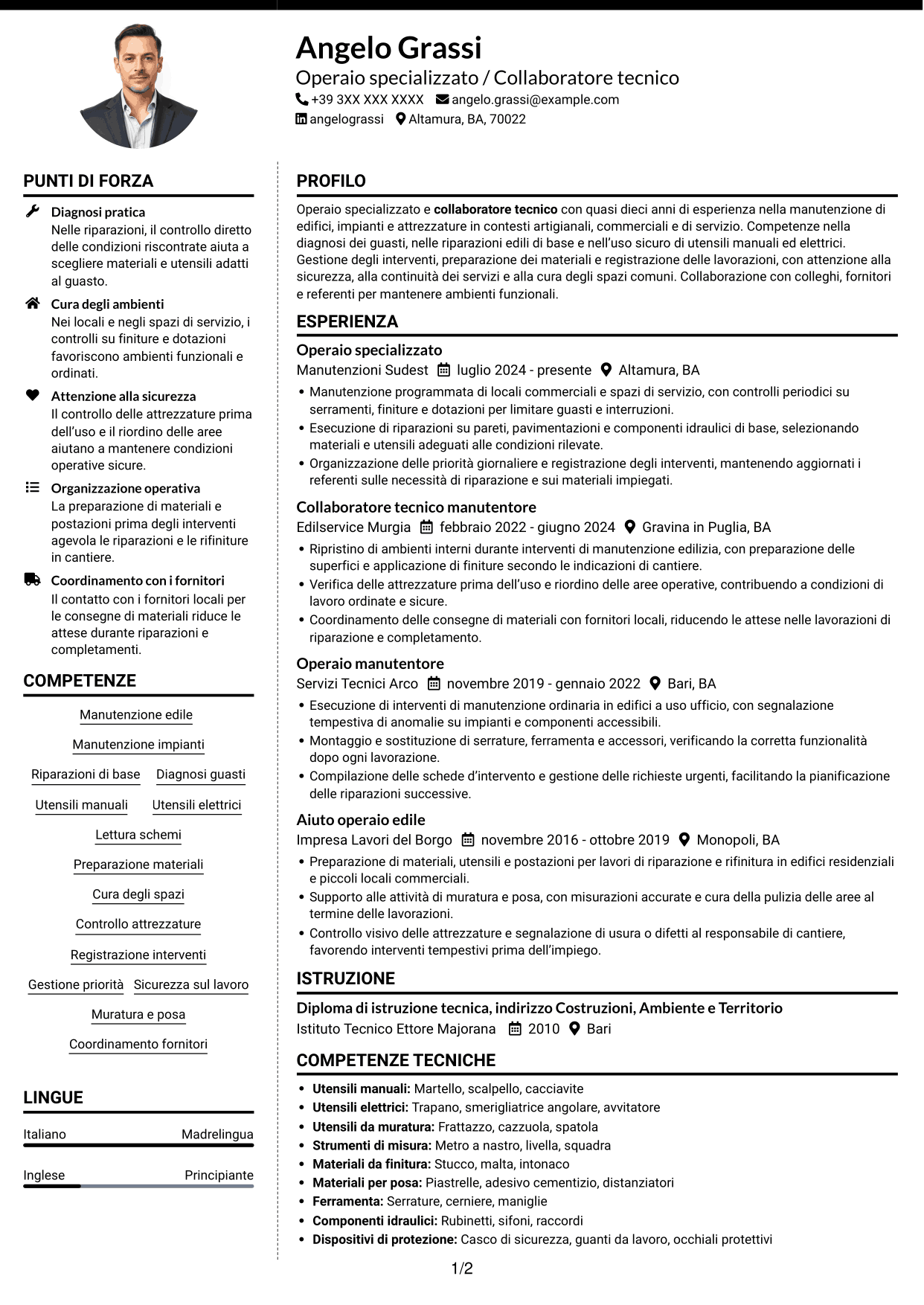 CV Moderno (formato a due colonne con foto a sinistra e separatore): Operaio specializzato / Collaboratore tecnico, pagina 1
