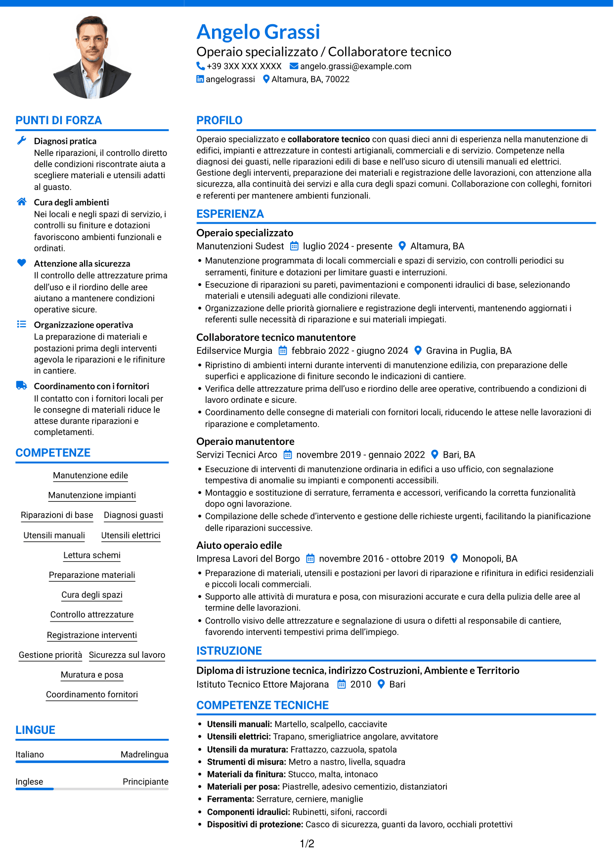 CV Audace (formato a due colonne con accenti colorati e foto): Operaio specializzato / Collaboratore tecnico, pagina 1
