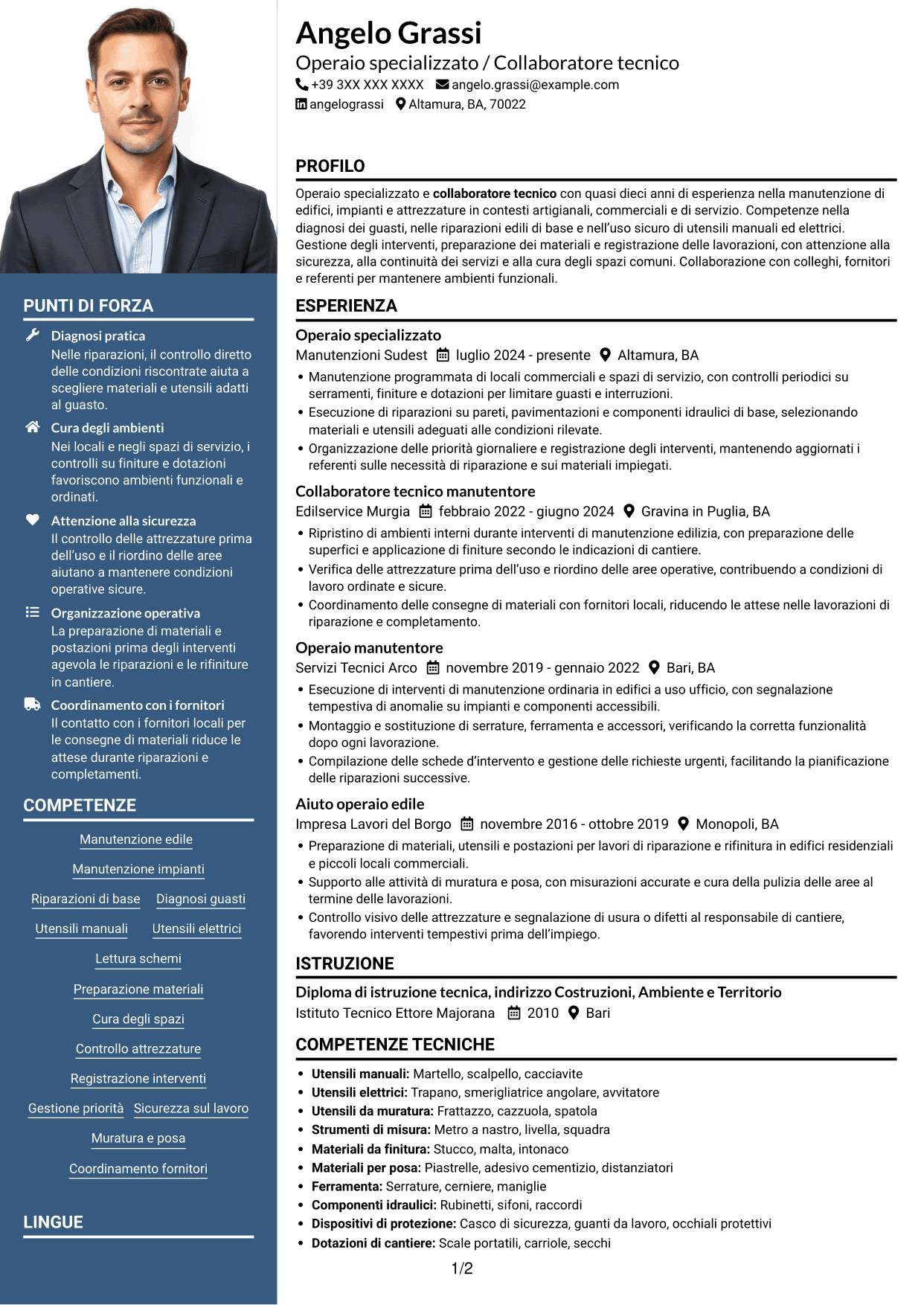 CV Signature (formato con colonna laterale colorata e foto grande): Operaio specializzato / Collaboratore tecnico, pagina 1