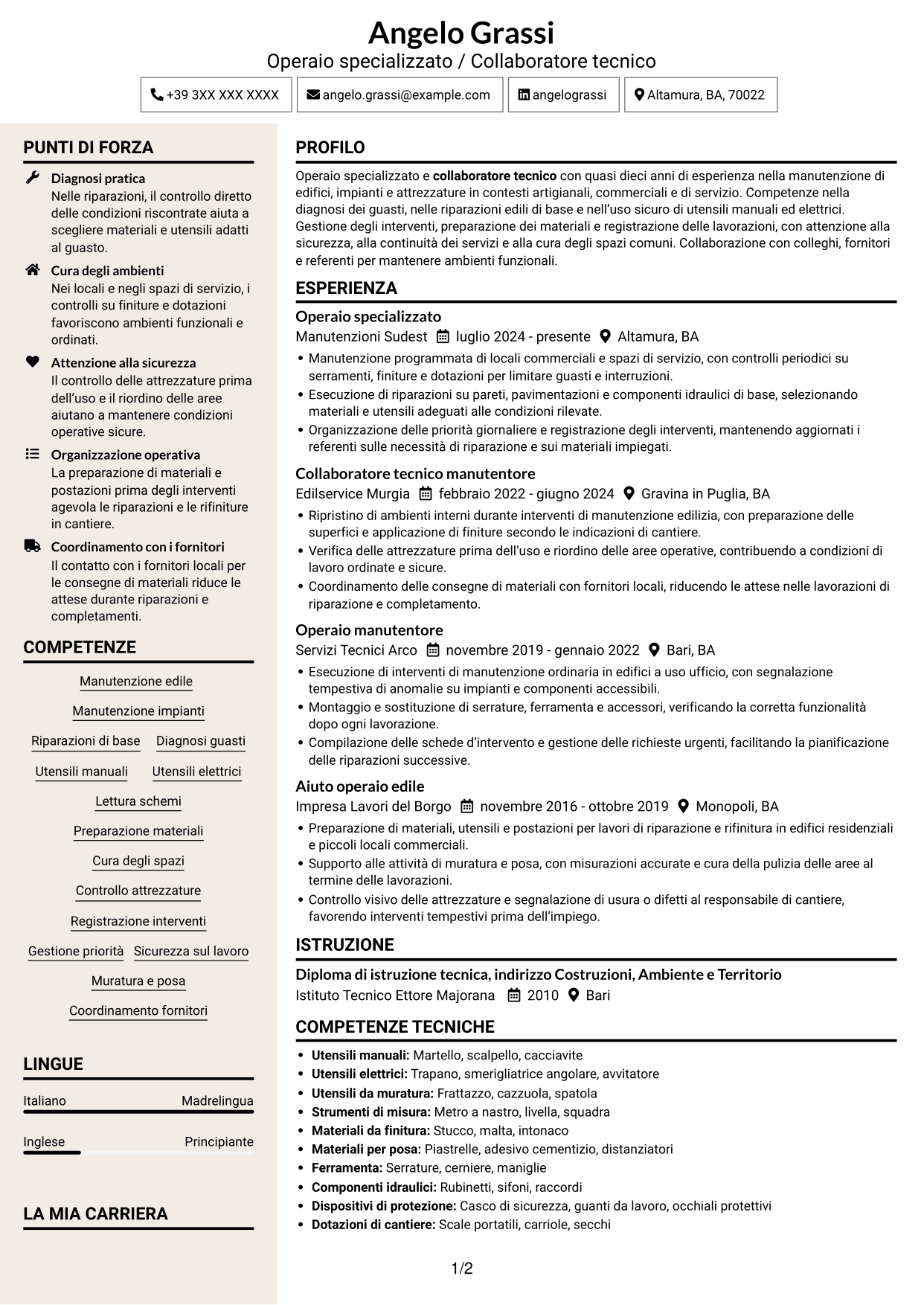 CV Intraprendente (formato a due colonne con intestazione centrata senza foto): Operaio specializzato / Collaboratore tecnico, pagina 1