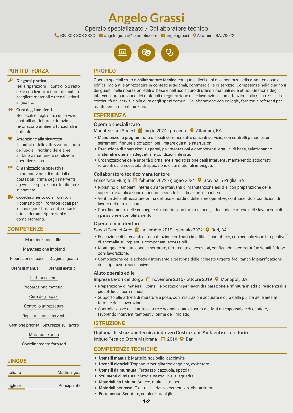 CV Dinamico (formato a due colonne con icone): Operaio specializzato / Collaboratore tecnico, pagina 1