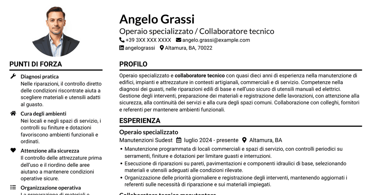 7 modelli di CV per Operaio specializzato / Collaboratore tecnico, con esempi