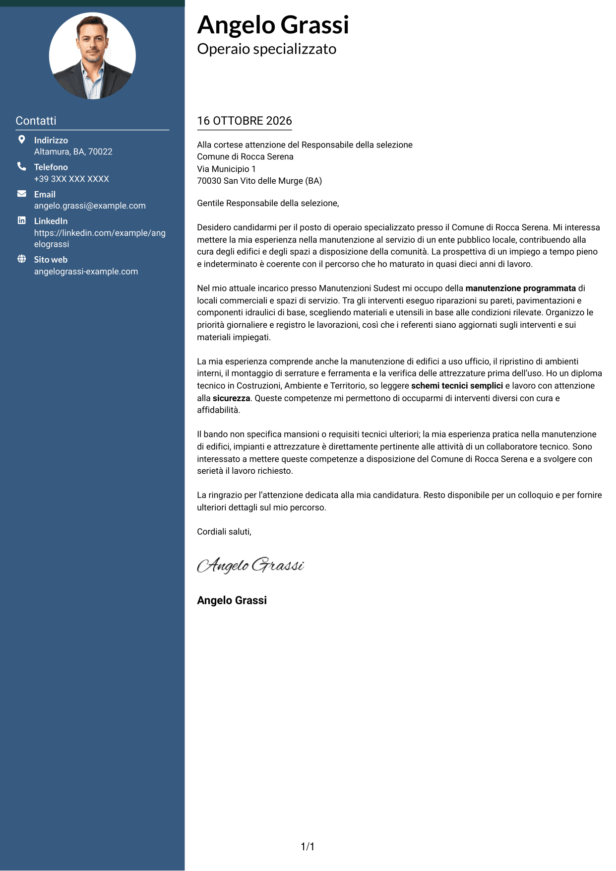 Lettera di presentazione Elegante (formato con colonna laterale colorata e foto): Operaio specializzato / Collaboratore tecnico, pagina 1