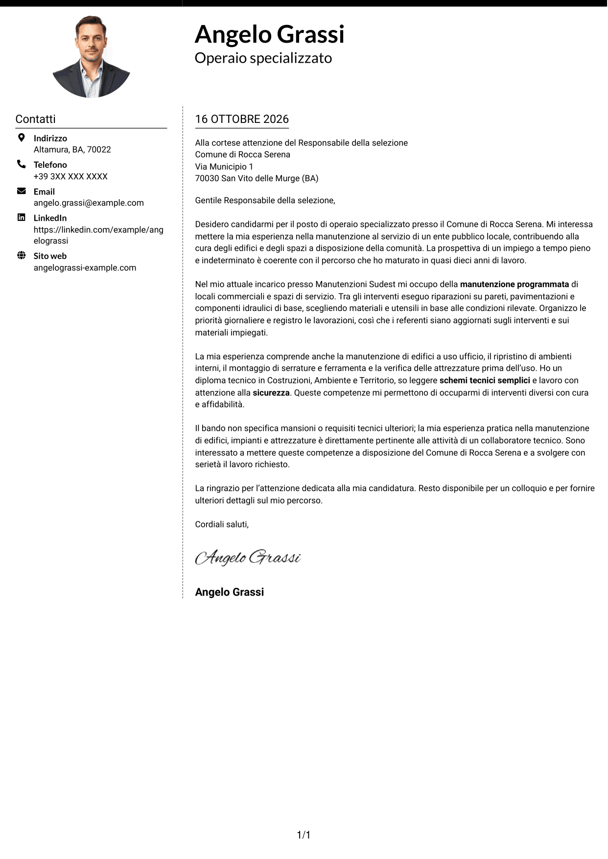 Lettera di presentazione Moderno (formato a due colonne con foto a sinistra e separatore): Operaio specializzato / Collaboratore tecnico, pagina 1