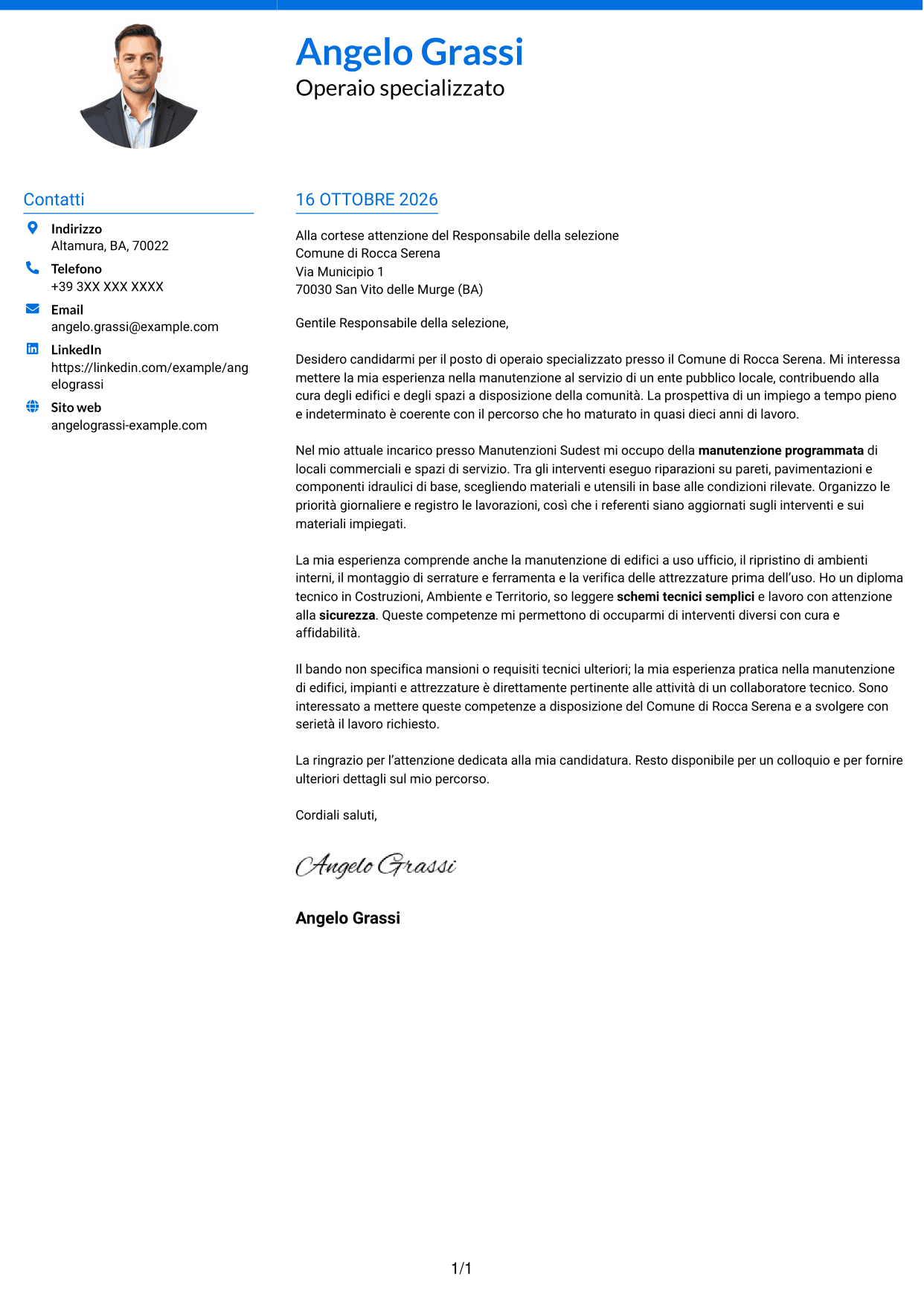 Lettera di presentazione Audace (formato a due colonne con accenti colorati e foto): Operaio specializzato / Collaboratore tecnico, pagina 1