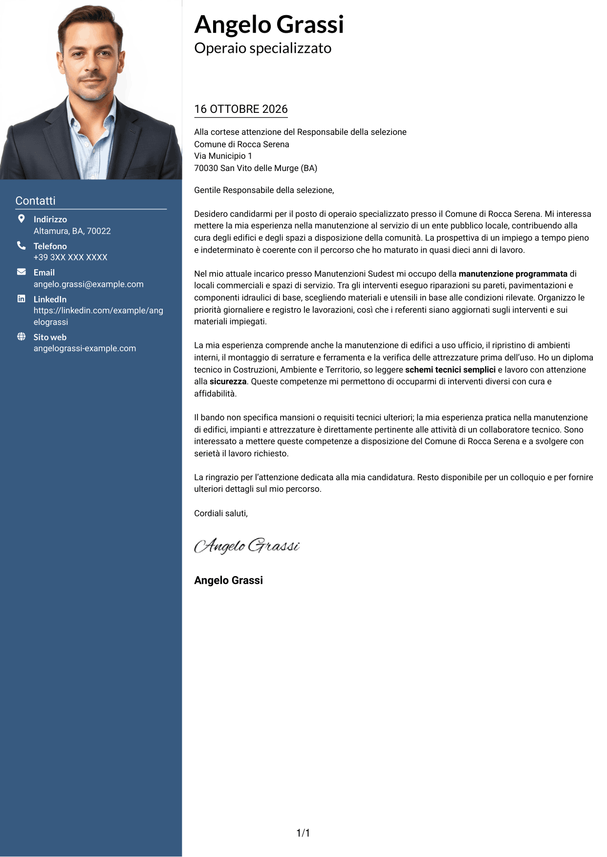 Lettera di presentazione Signature (formato con colonna laterale colorata e foto grande): Operaio specializzato / Collaboratore tecnico, pagina 1