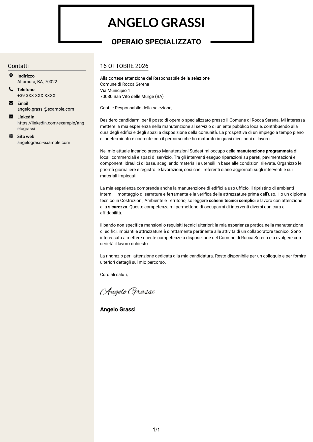 Lettera di presentazione Intraprendente (formato a due colonne con intestazione centrata senza foto): Operaio specializzato / Collaboratore tecnico, pagina 1