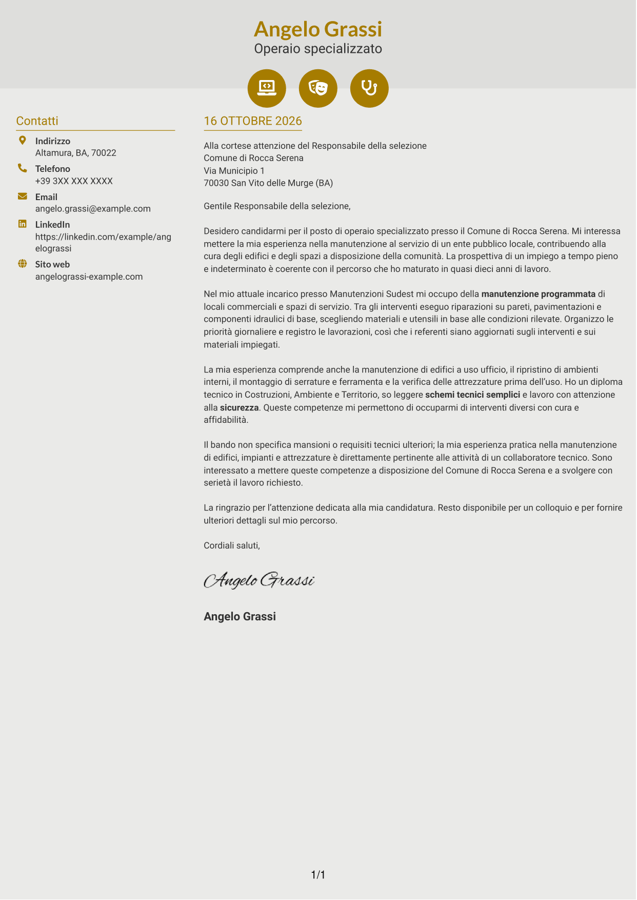 Lettera di presentazione Dinamico (formato a due colonne con icone): Operaio specializzato / Collaboratore tecnico, pagina 1