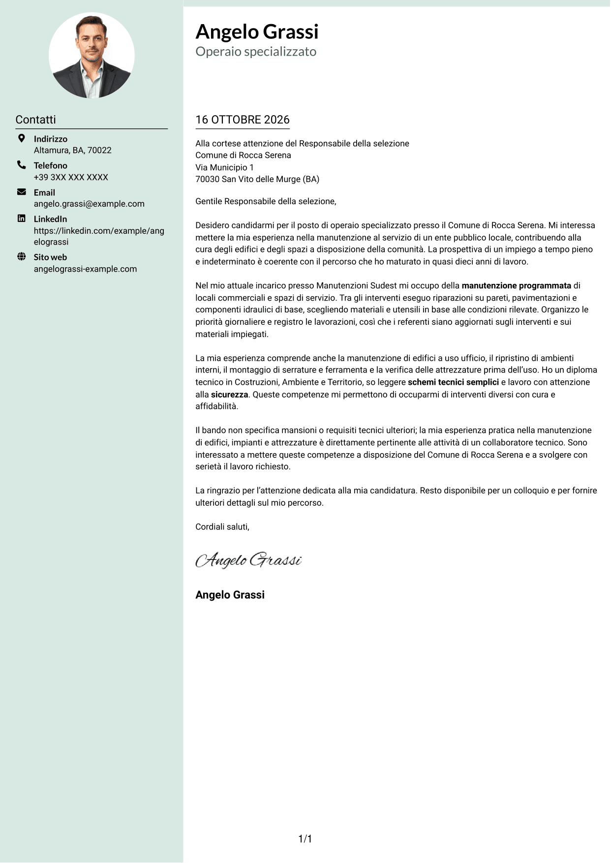 Lettera di presentazione Dirigente (formato con colonna laterale tenue e foto arrotondata): Operaio specializzato / Collaboratore tecnico, pagina 1