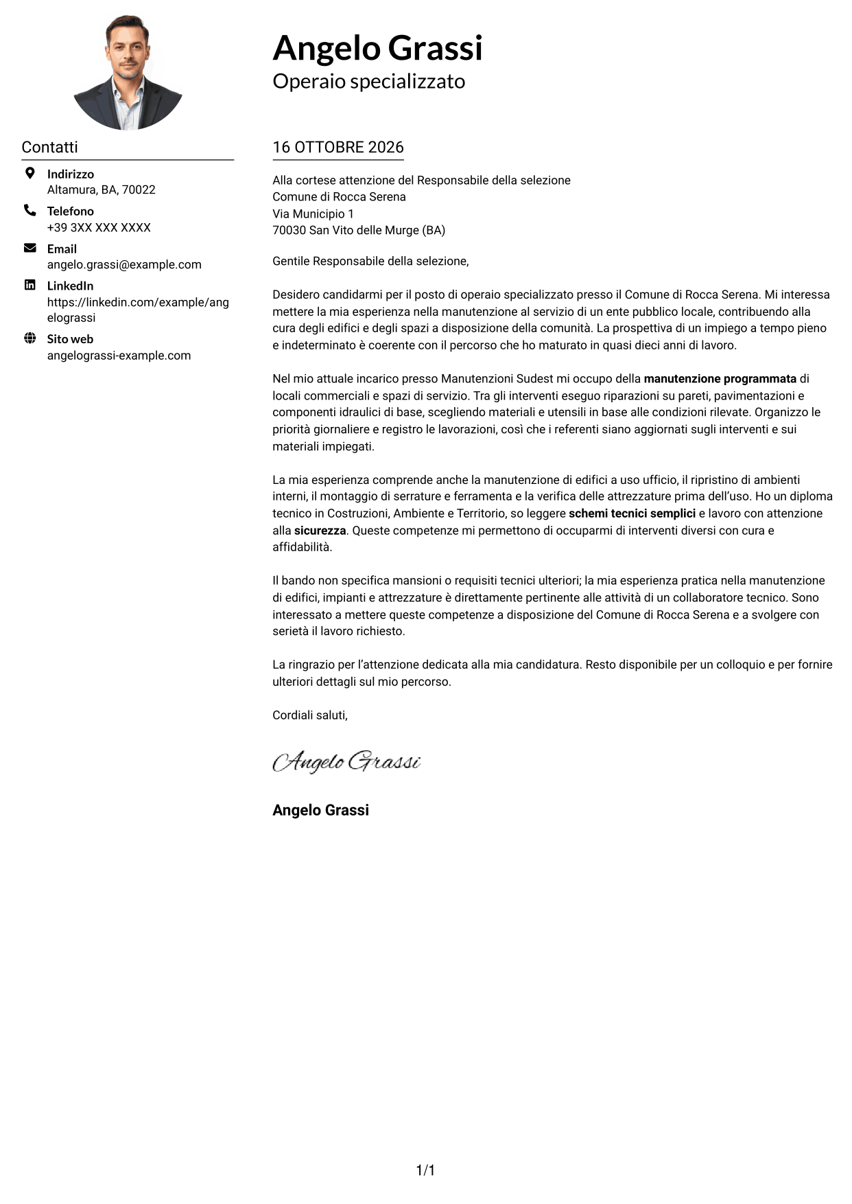 Esempio di lettera di presentazione — pagina 1