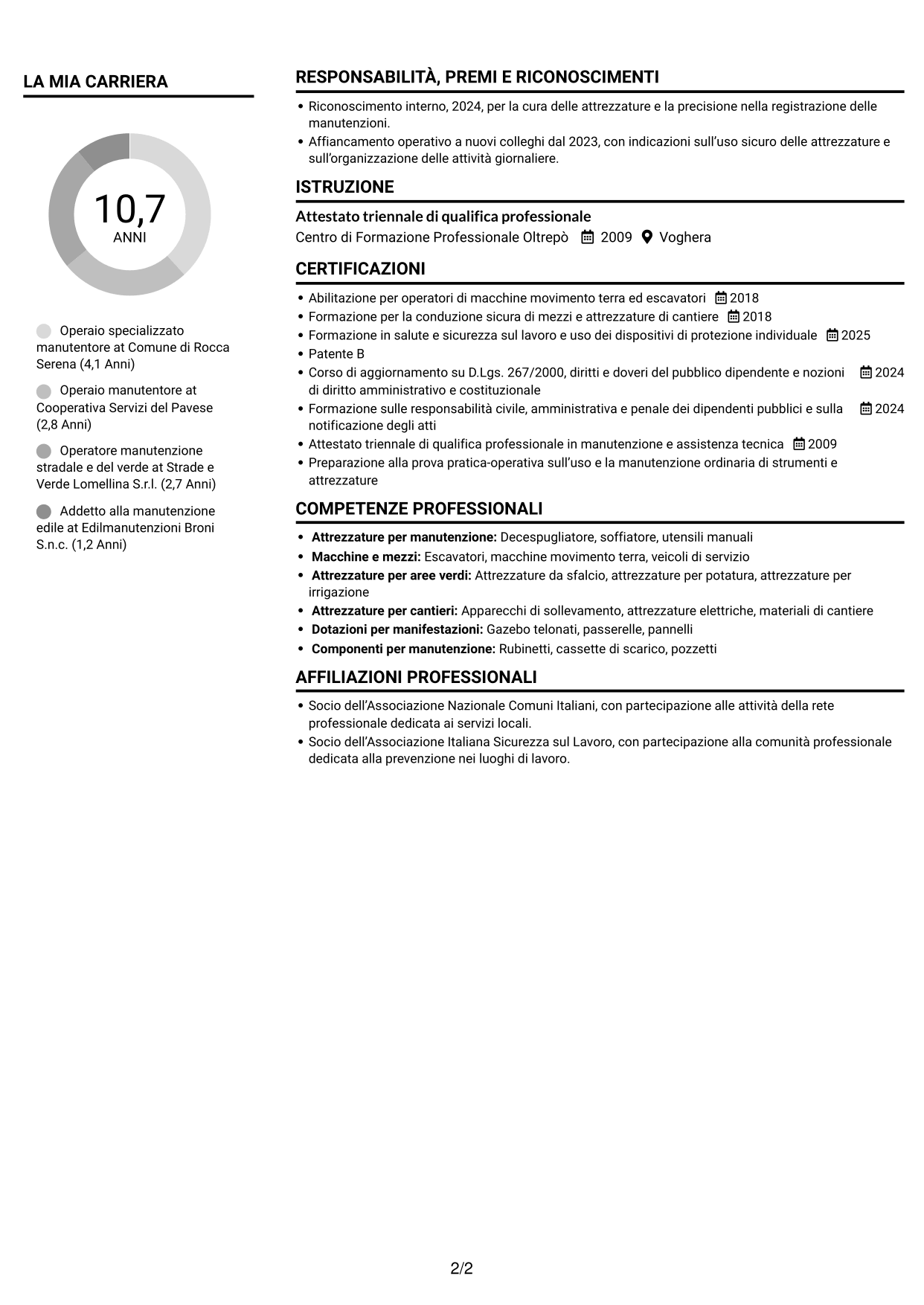 CV Compatto (formato sobrio a due colonne con foto): Operaio specializzato - Manutenzione comunale, pagina 2