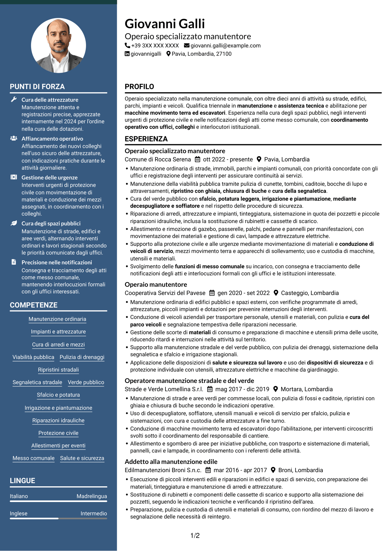 CV Elegante (formato con colonna laterale colorata e foto): Operaio specializzato - Manutenzione comunale, pagina 1