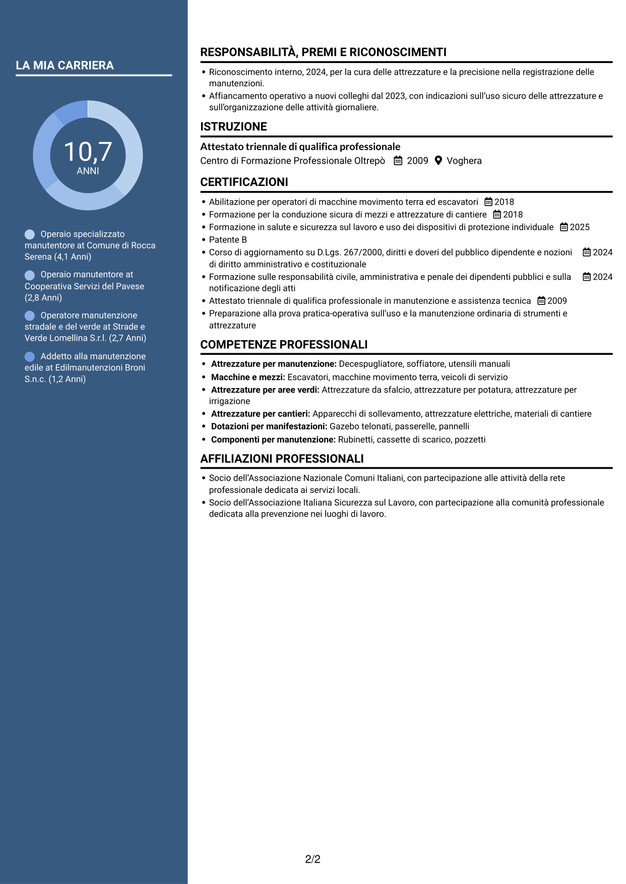 CV Elegante (formato con colonna laterale colorata e foto): Operaio specializzato - Manutenzione comunale, pagina 2
