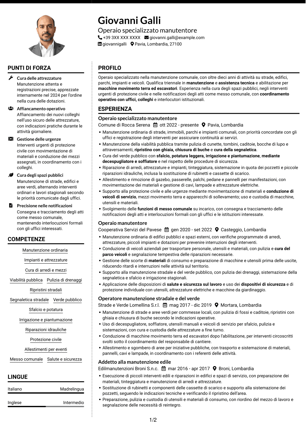 CV Moderno (formato a due colonne con foto a sinistra e separatore): Operaio specializzato - Manutenzione comunale, pagina 1