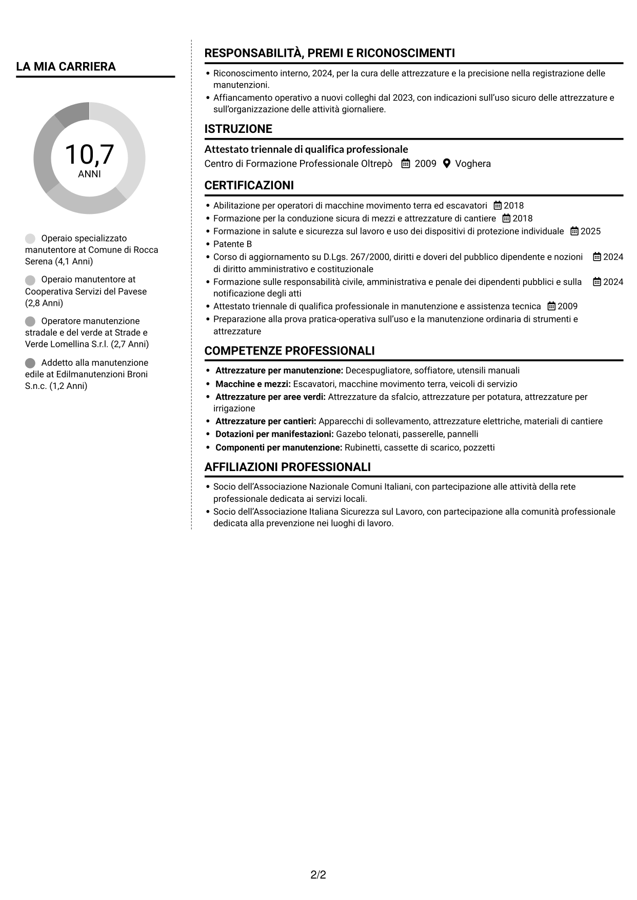 CV Moderno (formato a due colonne con foto a sinistra e separatore): Operaio specializzato - Manutenzione comunale, pagina 2