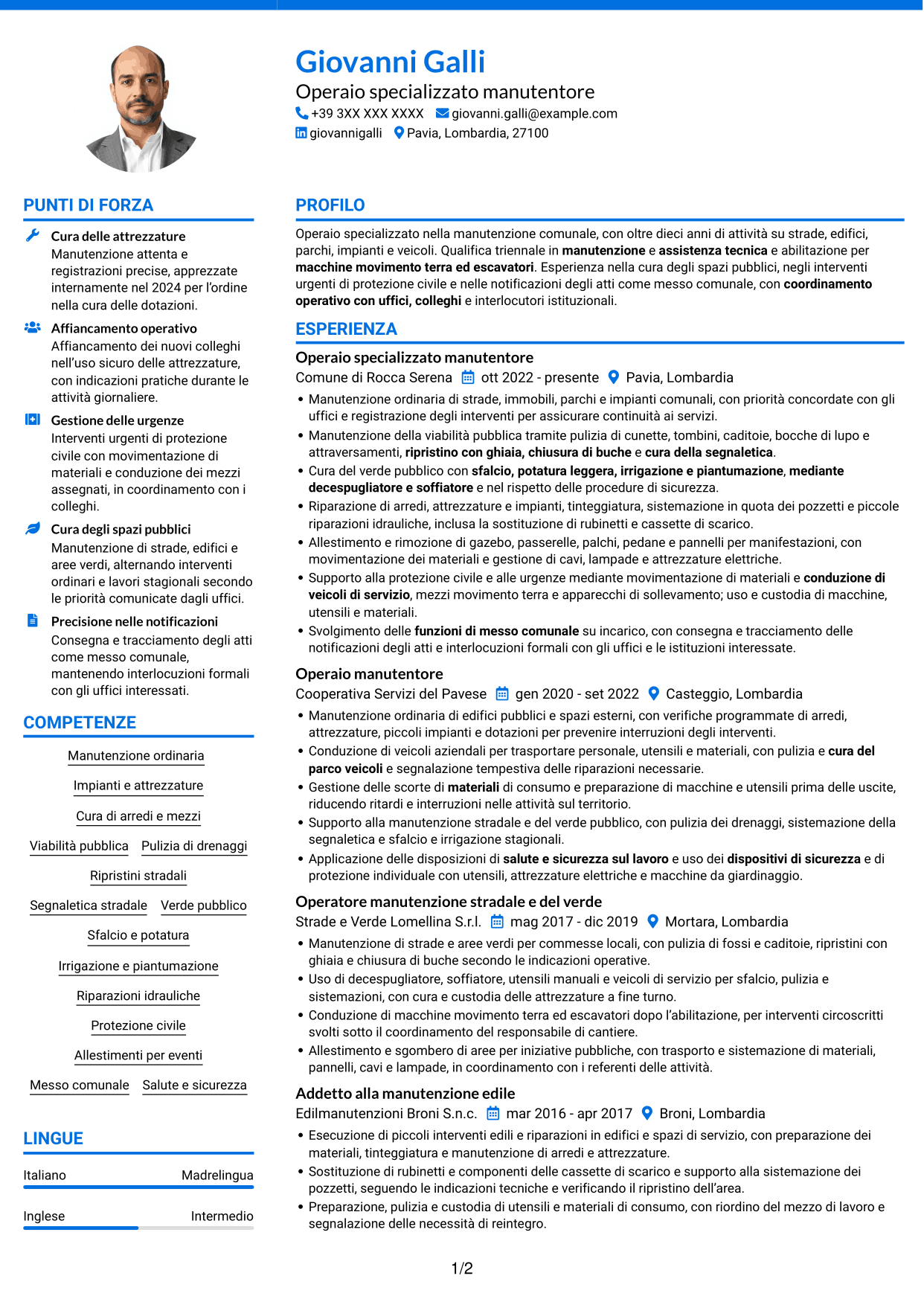 CV Audace (formato a due colonne con accenti colorati e foto): Operaio specializzato - Manutenzione comunale, pagina 1