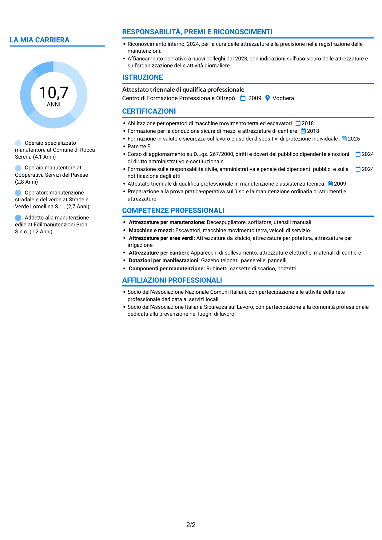 CV Audace (formato a due colonne con accenti colorati e foto): Operaio specializzato - Manutenzione comunale, pagina 2