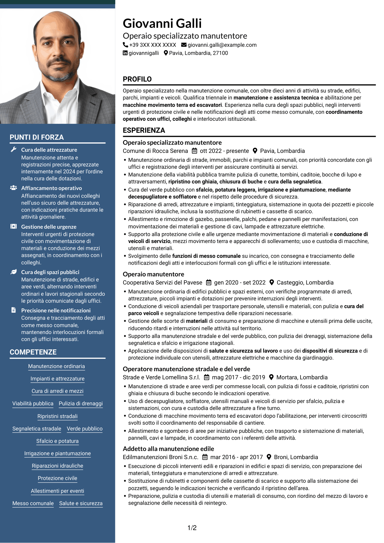 CV Signature (formato con colonna laterale colorata e foto grande): Operaio specializzato - Manutenzione comunale, pagina 1