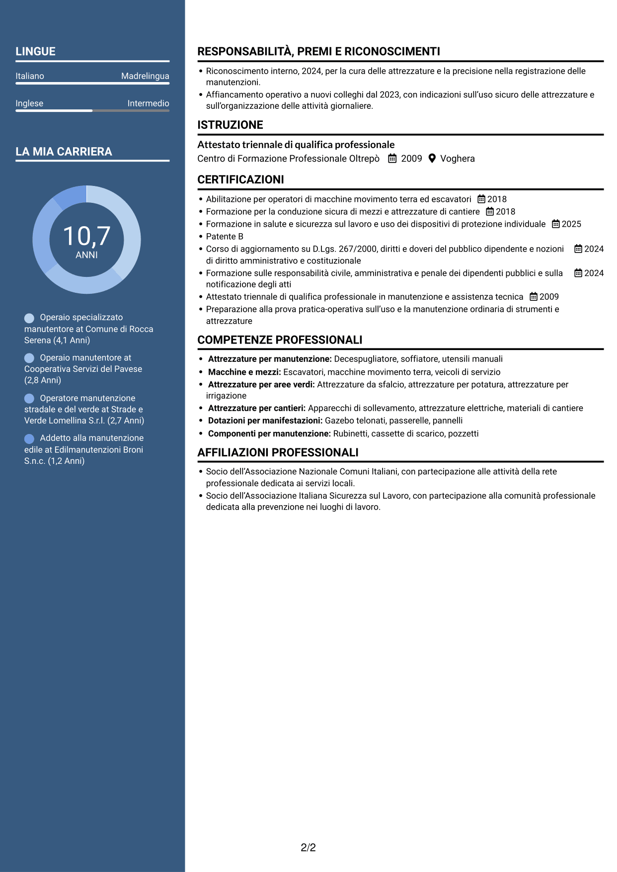 CV Signature (formato con colonna laterale colorata e foto grande): Operaio specializzato - Manutenzione comunale, pagina 2