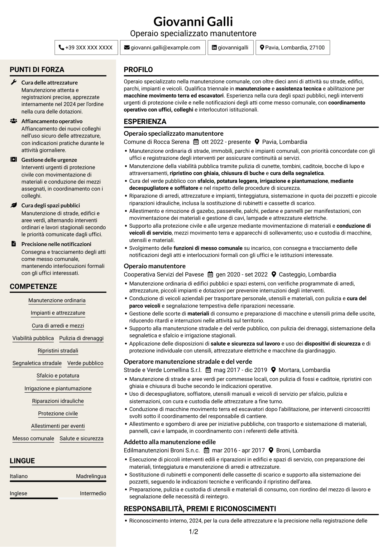 CV Intraprendente (formato a due colonne con intestazione centrata senza foto): Operaio specializzato - Manutenzione comunale, pagina 1