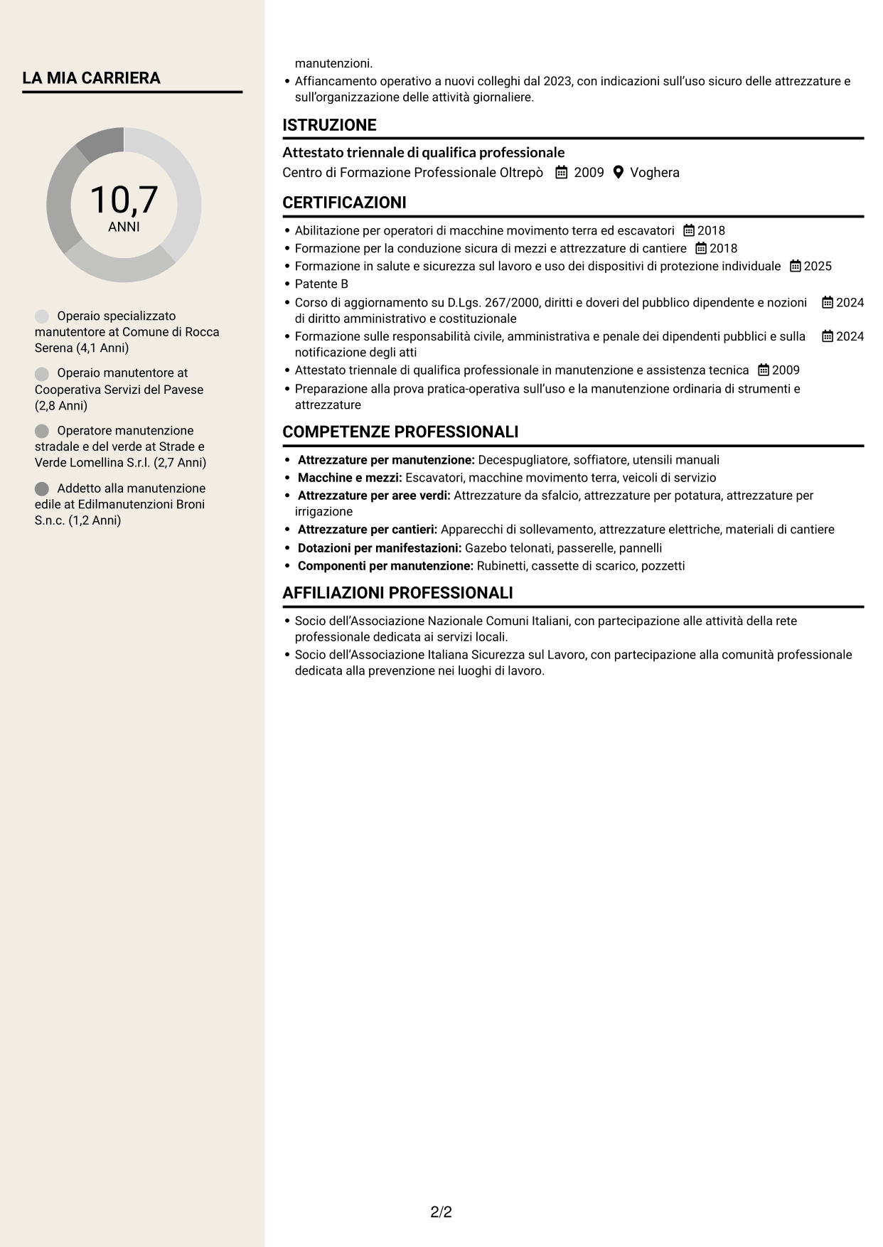CV Intraprendente (formato a due colonne con intestazione centrata senza foto): Operaio specializzato - Manutenzione comunale, pagina 2