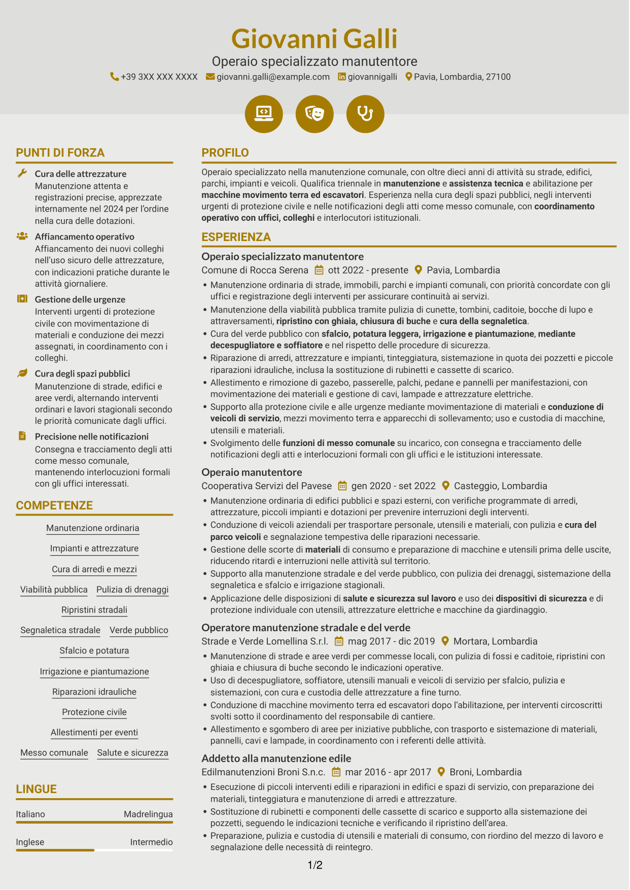 CV Dinamico (formato a due colonne con icone): Operaio specializzato - Manutenzione comunale, pagina 1