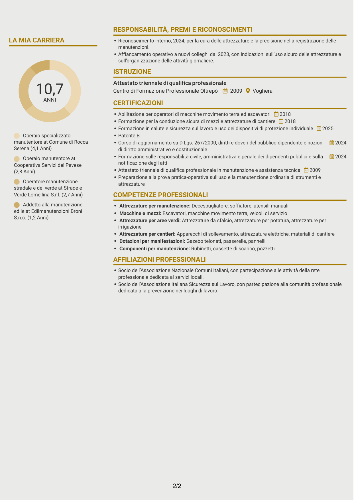 CV Dinamico (formato a due colonne con icone): Operaio specializzato - Manutenzione comunale, pagina 2
