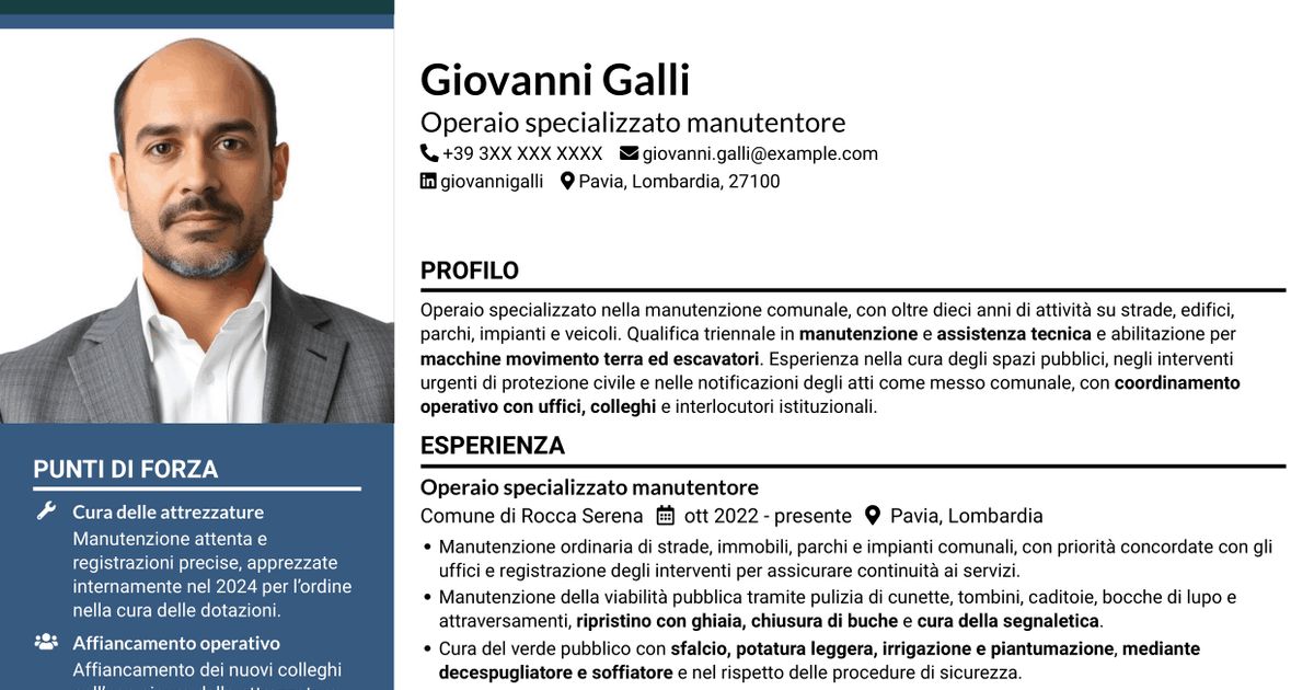 7 modelli di CV per Operaio specializzato - Manutenzione comunale, con esempi