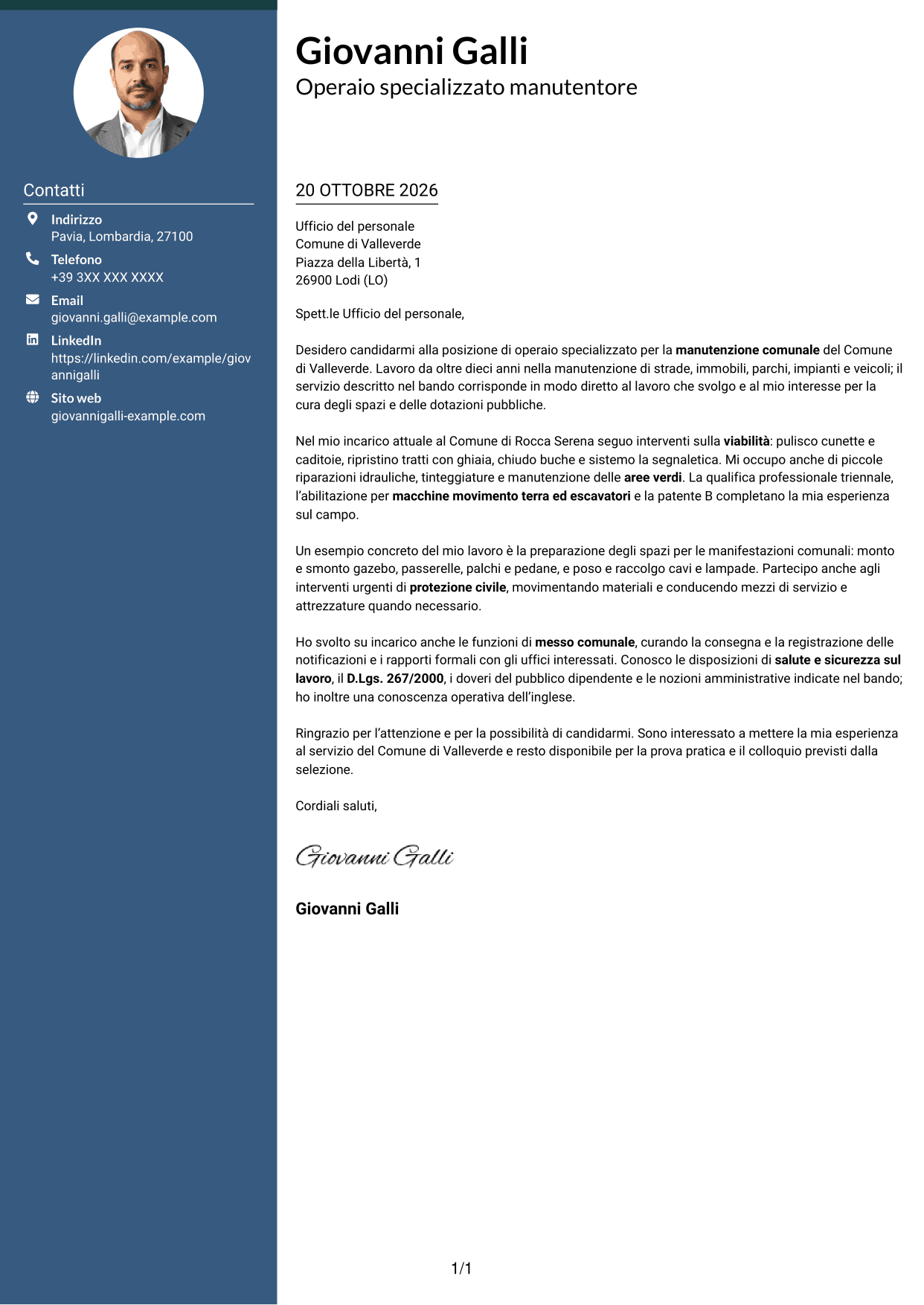 Lettera di presentazione Elegante (formato con colonna laterale colorata e foto): Operaio specializzato - Manutenzione comunale, pagina 1