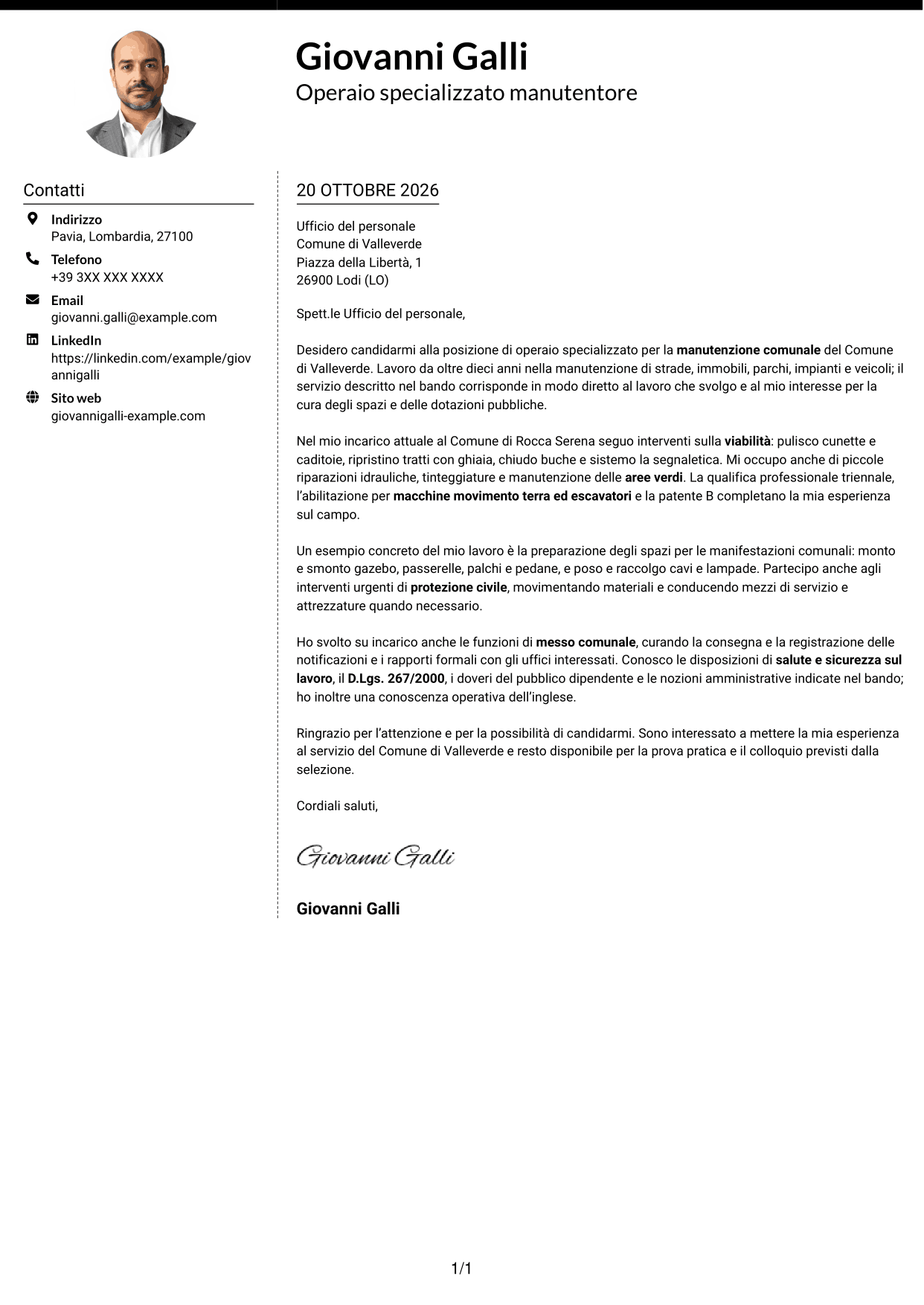 Lettera di presentazione Moderno (formato a due colonne con foto a sinistra e separatore): Operaio specializzato - Manutenzione comunale, pagina 1