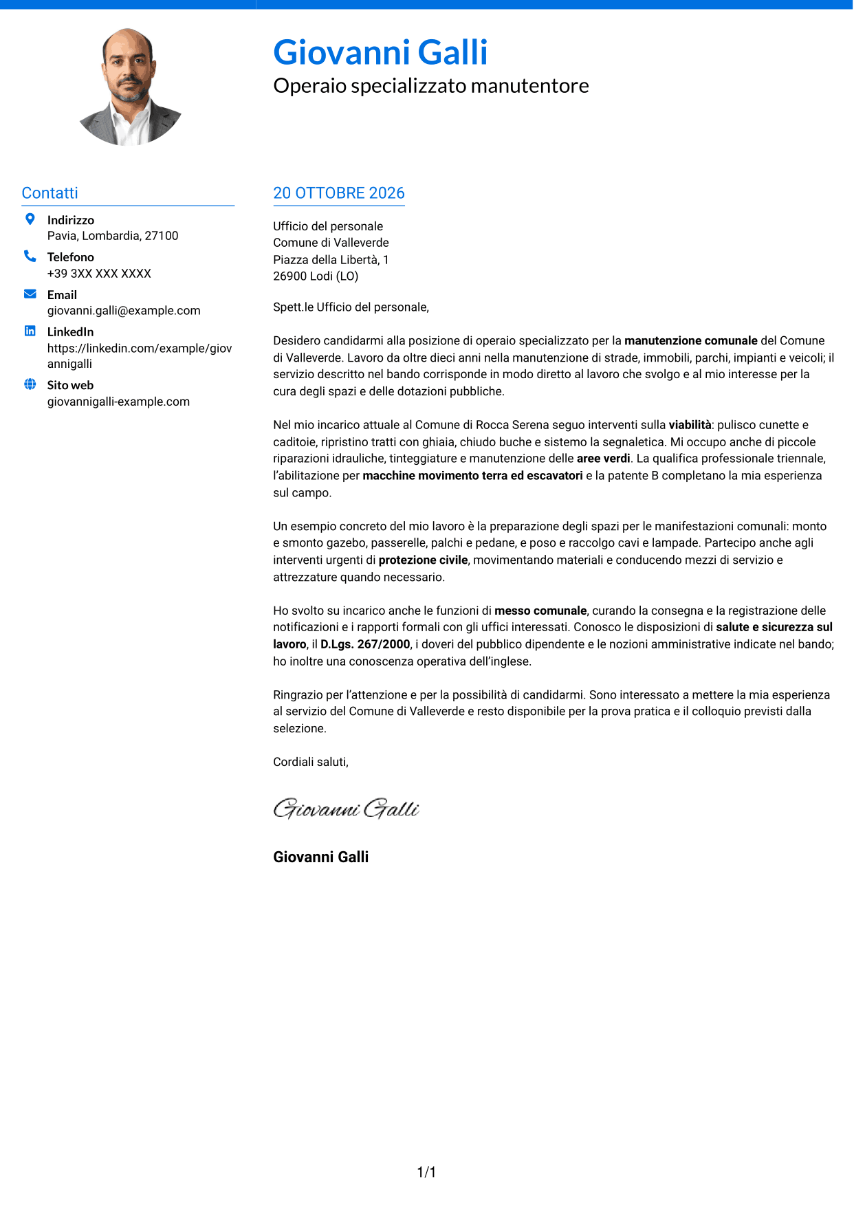 Lettera di presentazione Audace (formato a due colonne con accenti colorati e foto): Operaio specializzato - Manutenzione comunale, pagina 1