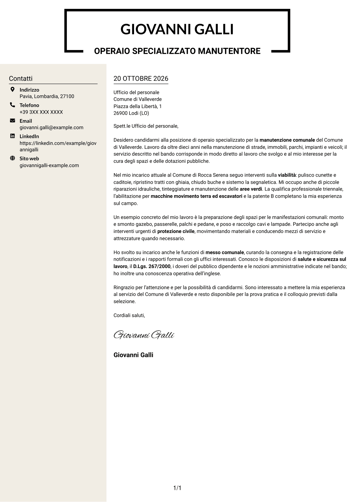 Lettera di presentazione Intraprendente (formato a due colonne con intestazione centrata senza foto): Operaio specializzato - Manutenzione comunale, pagina 1