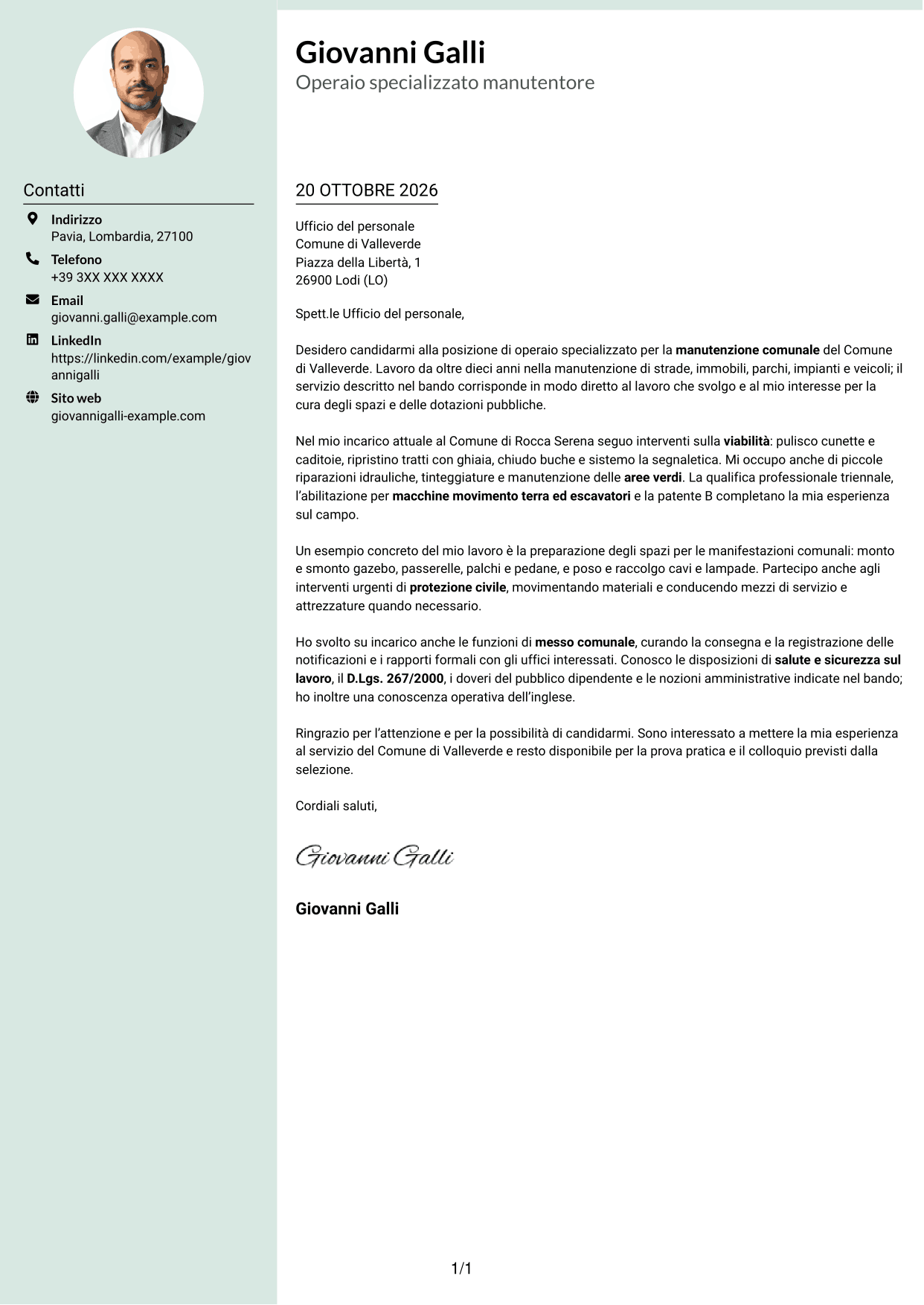 Lettera di presentazione Dirigente (formato con colonna laterale tenue e foto arrotondata): Operaio specializzato - Manutenzione comunale, pagina 1