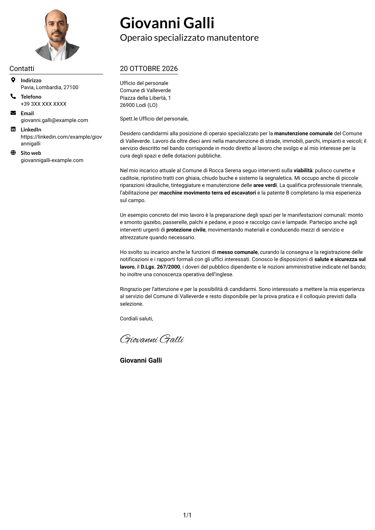 Esempio di lettera di presentazione — pagina 1