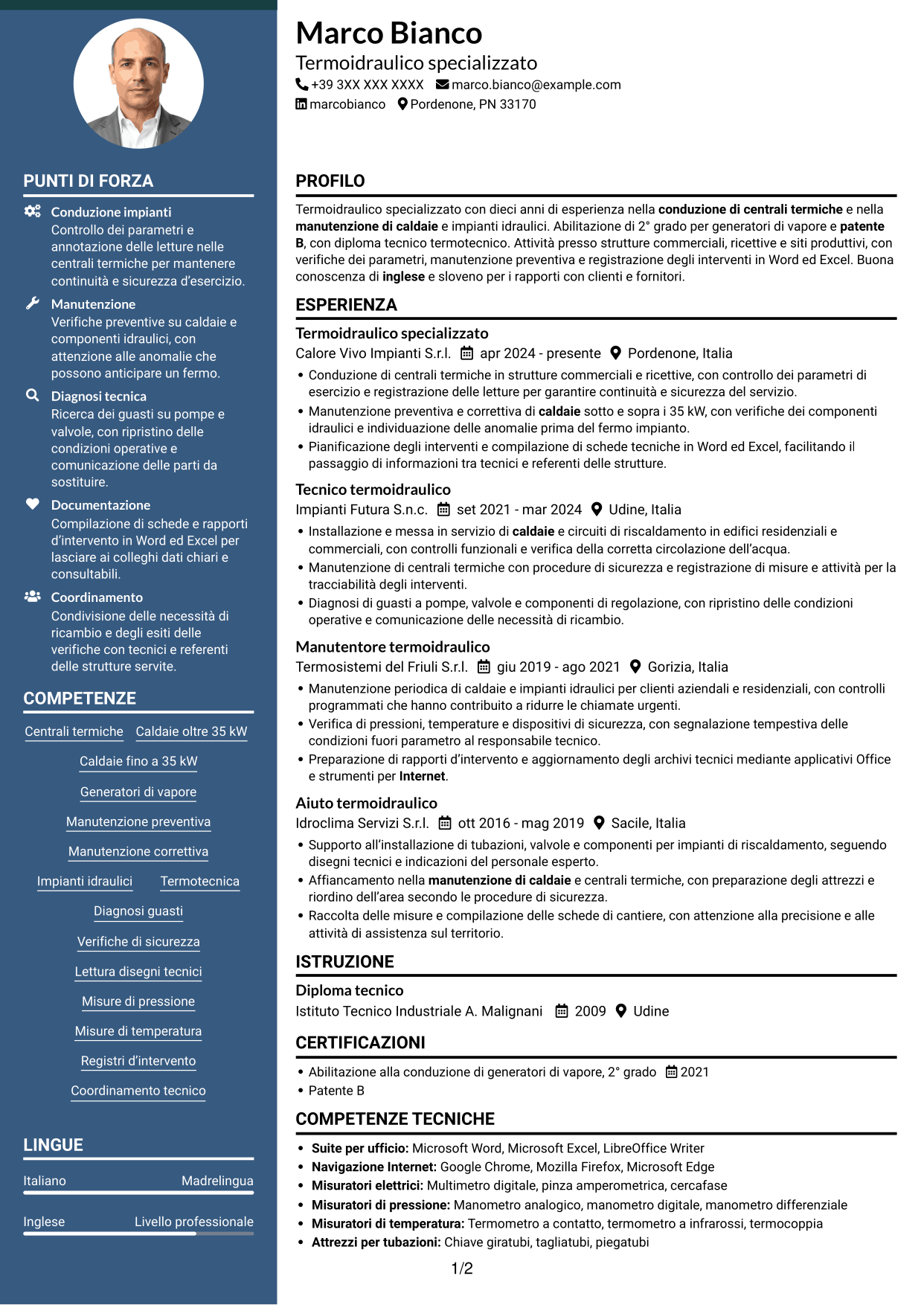 CV Elegante (formato con colonna laterale colorata e foto): Operaio specializzato termoidraulico - Conduzione di generatori di vapore, pagina 1