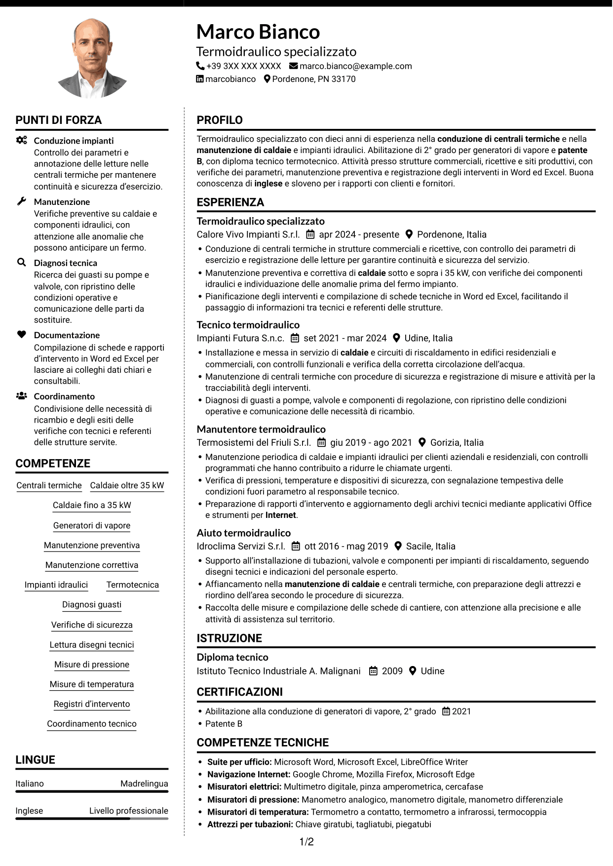 CV Moderno (formato a due colonne con foto a sinistra e separatore): Operaio specializzato termoidraulico - Conduzione di generatori di vapore, pagina 1