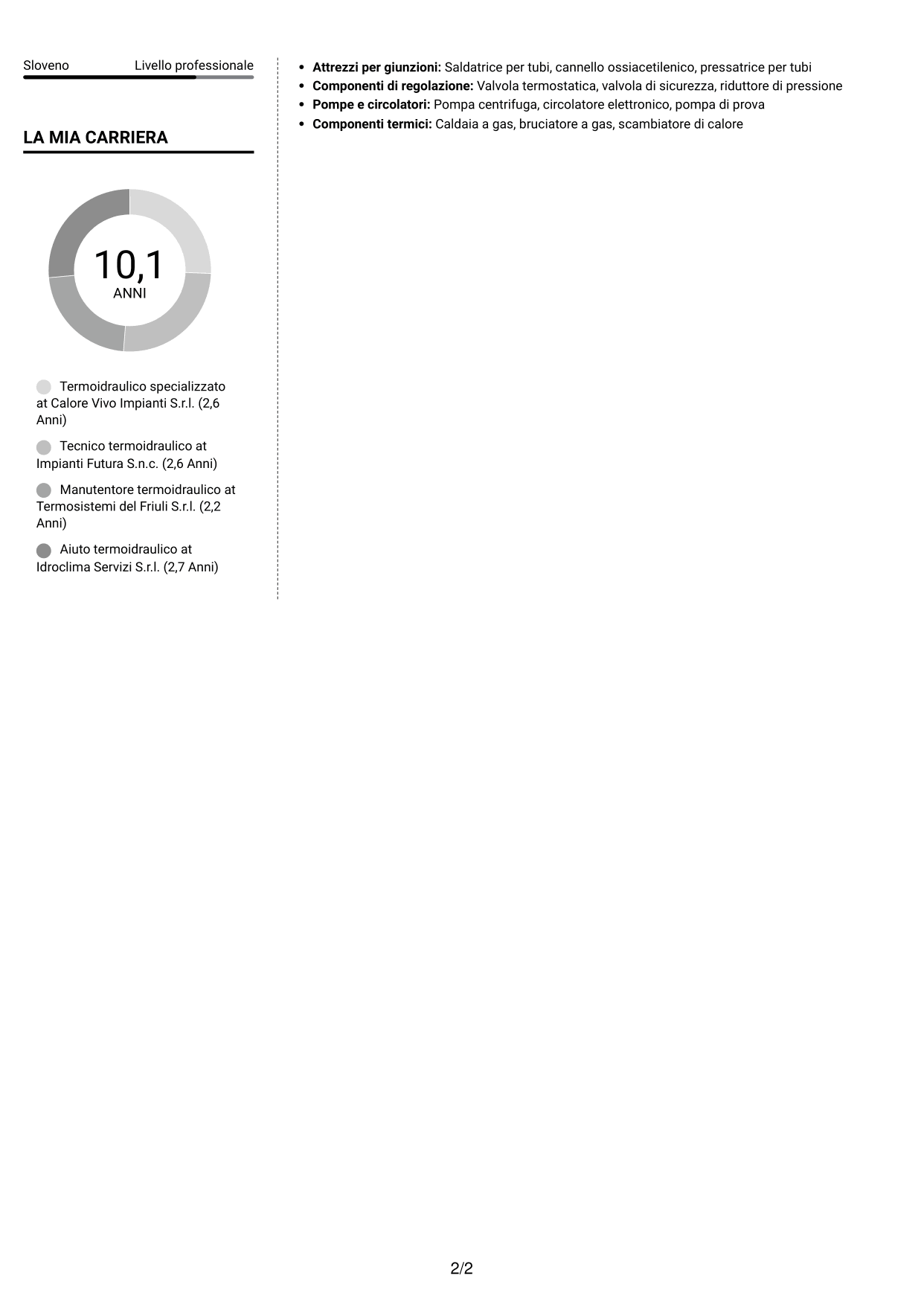 CV Moderno (formato a due colonne con foto a sinistra e separatore): Operaio specializzato termoidraulico - Conduzione di generatori di vapore, pagina 2