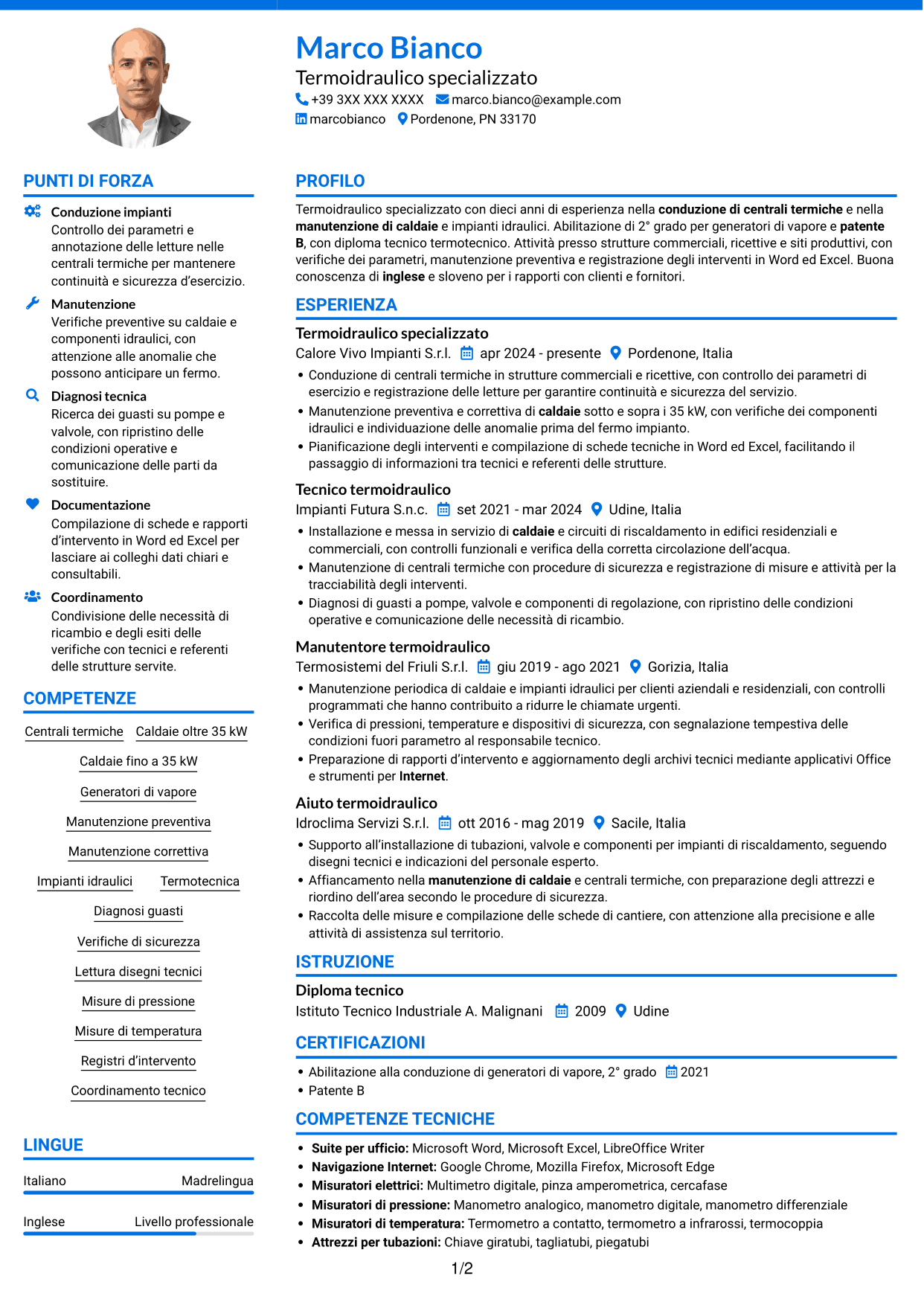 CV Audace (formato a due colonne con accenti colorati e foto): Operaio specializzato termoidraulico - Conduzione di generatori di vapore, pagina 1