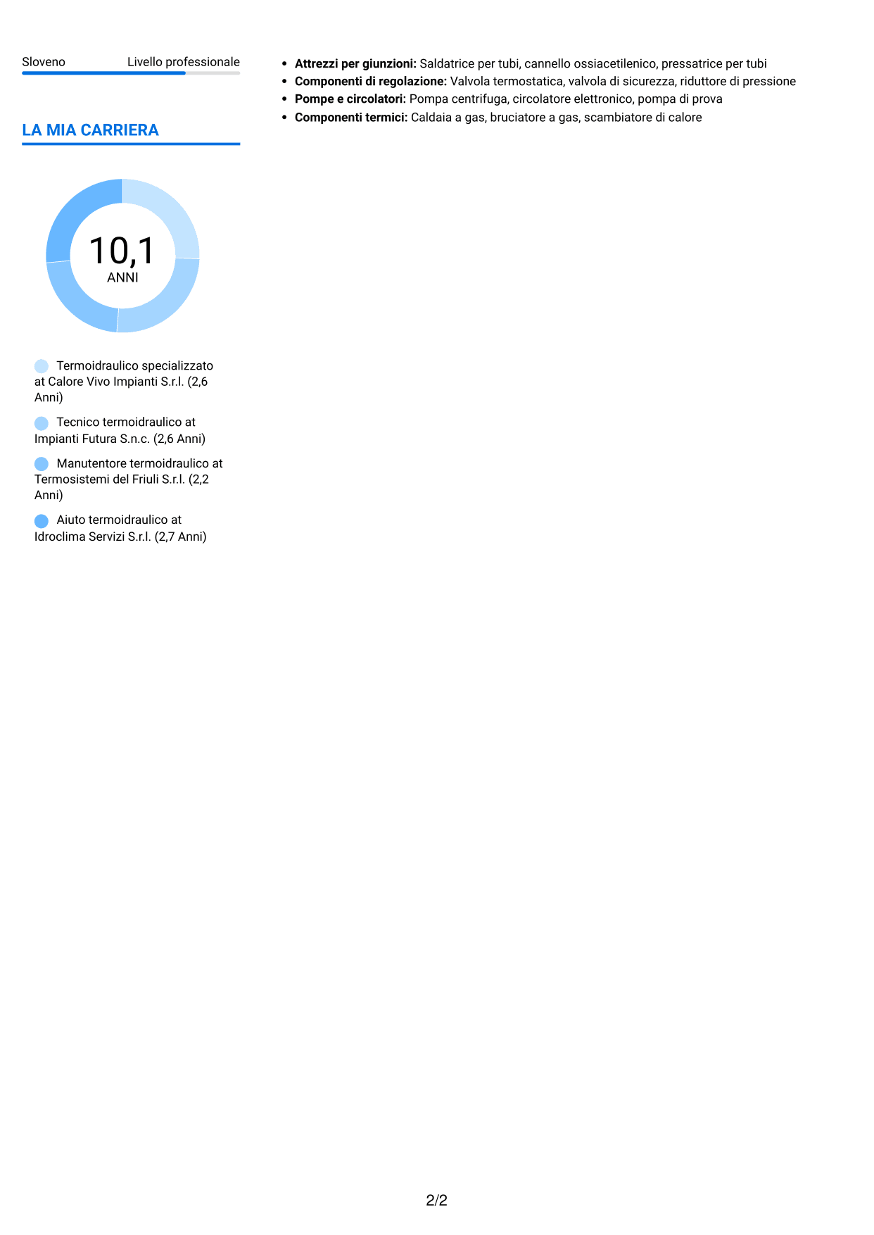 CV Audace (formato a due colonne con accenti colorati e foto): Operaio specializzato termoidraulico - Conduzione di generatori di vapore, pagina 2