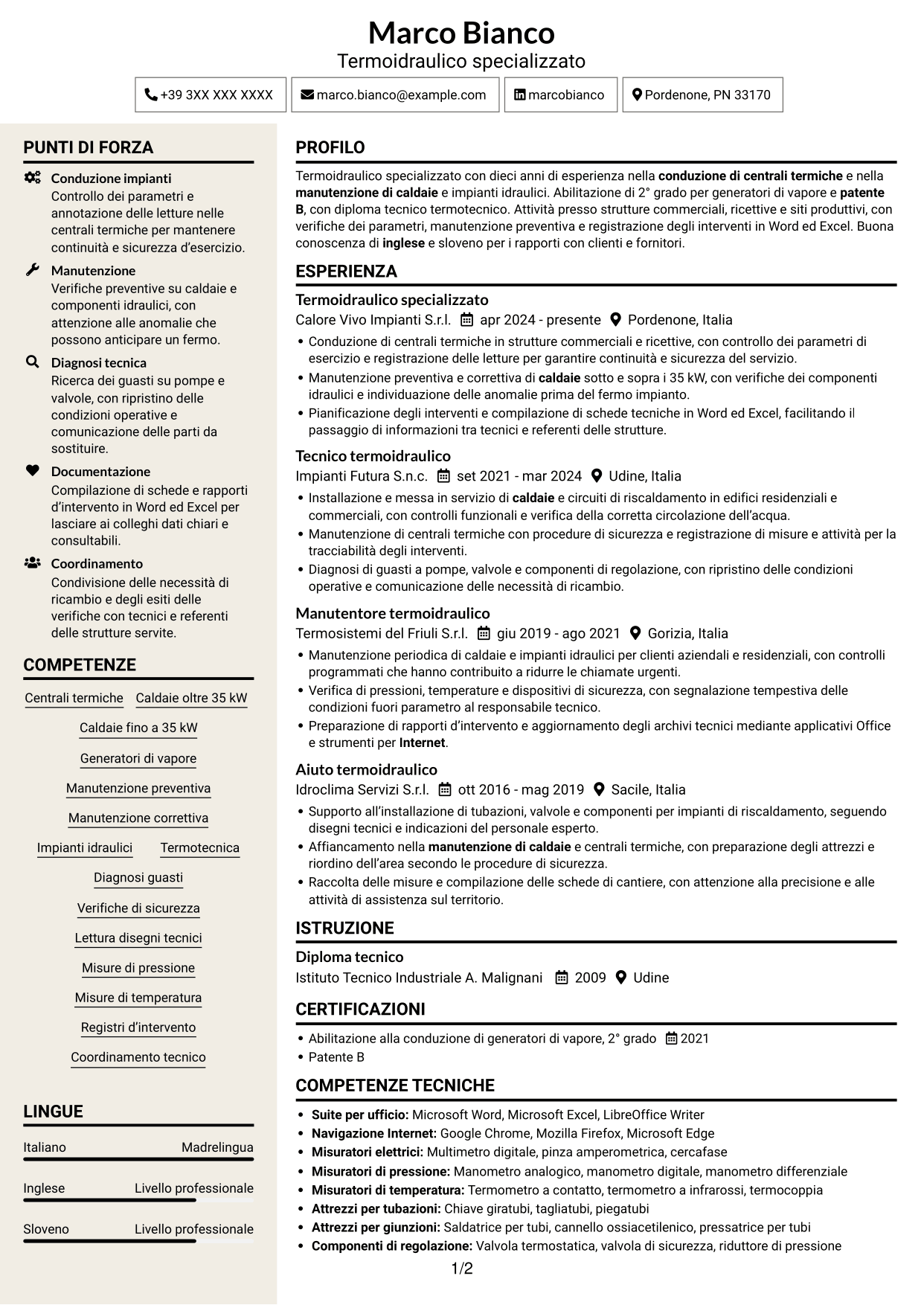 CV Intraprendente (formato a due colonne con intestazione centrata senza foto): Operaio specializzato termoidraulico - Conduzione di generatori di vapore, pagina 1