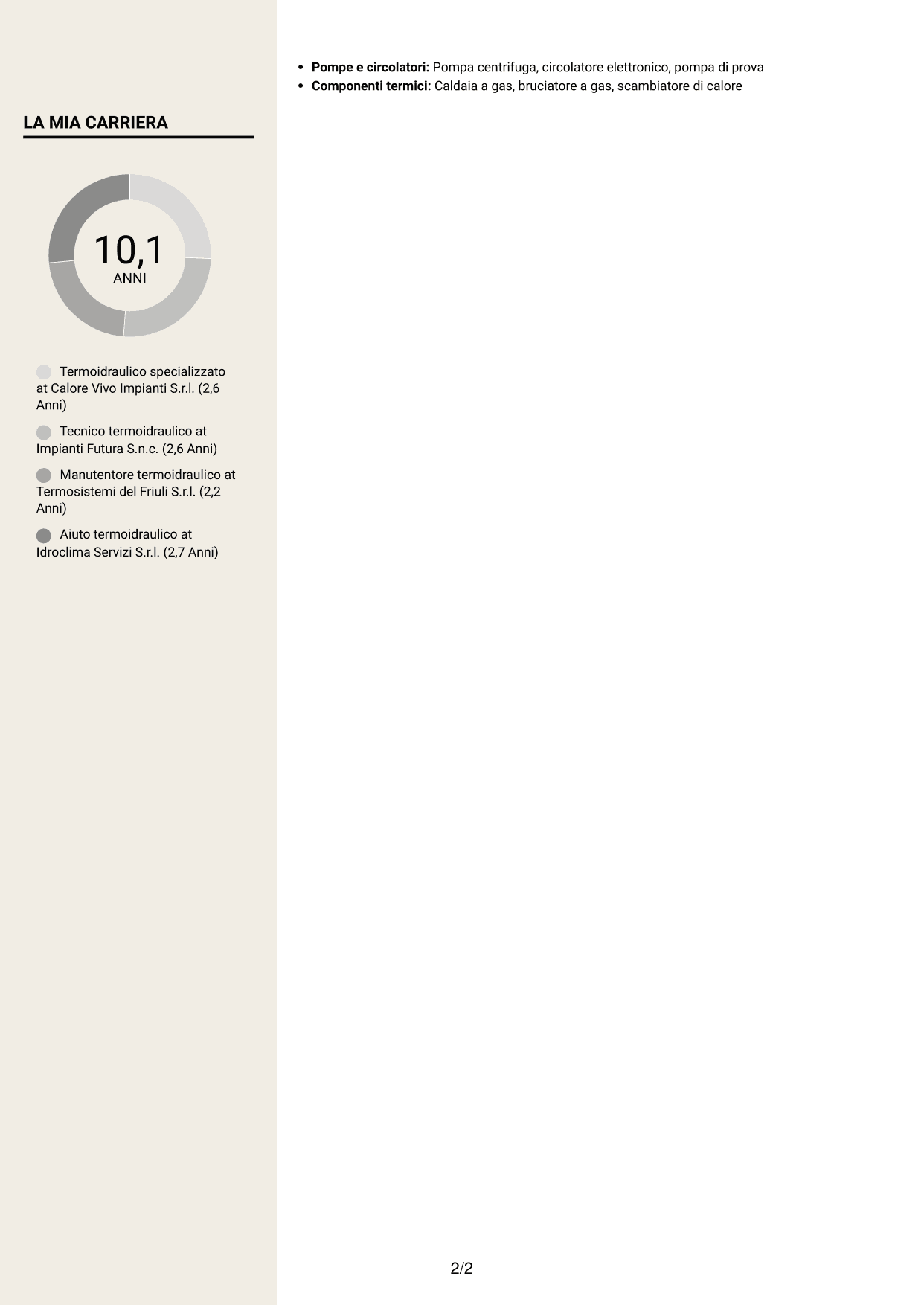 CV Intraprendente (formato a due colonne con intestazione centrata senza foto): Operaio specializzato termoidraulico - Conduzione di generatori di vapore, pagina 2