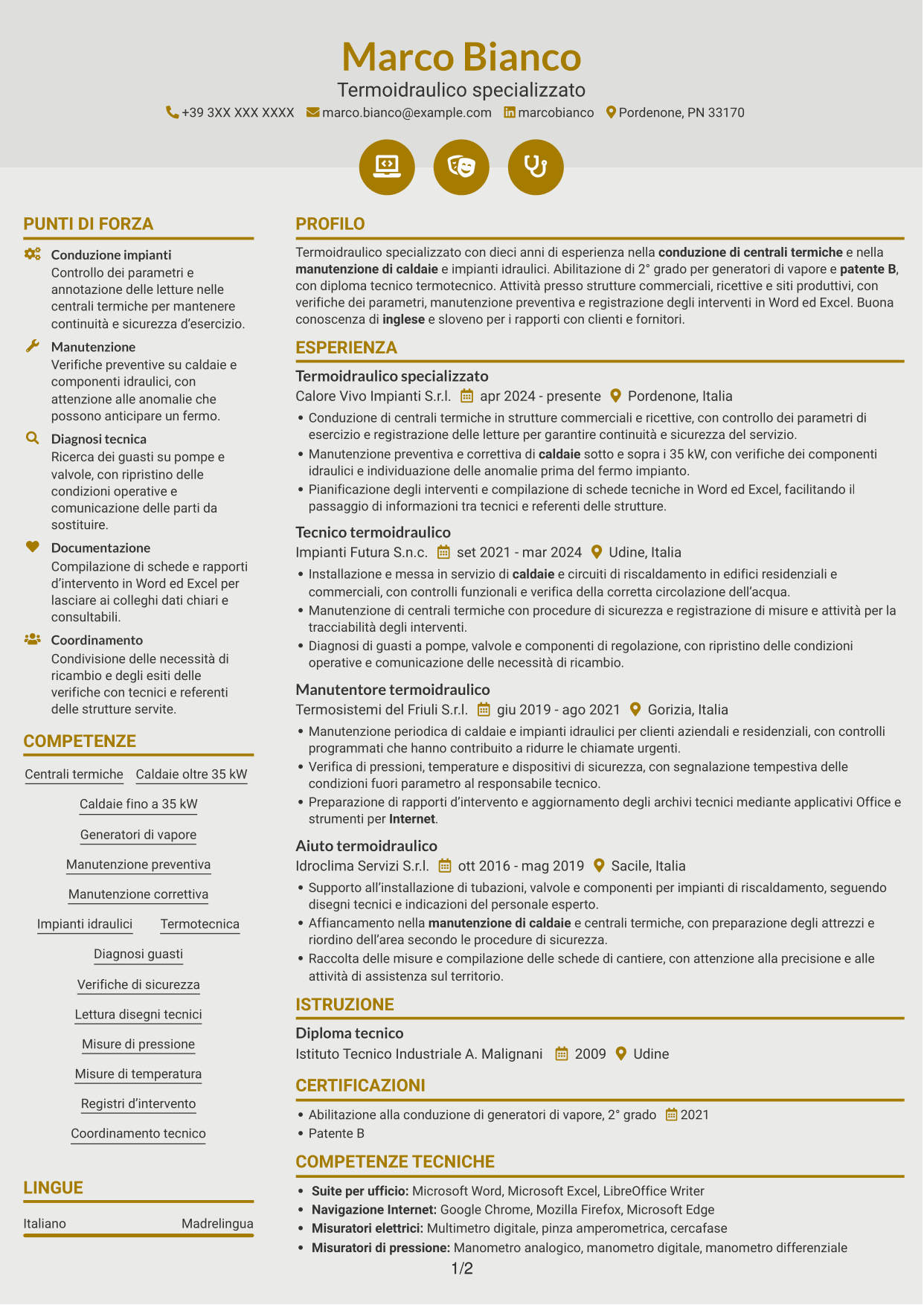 CV Dinamico (formato a due colonne con icone): Operaio specializzato termoidraulico - Conduzione di generatori di vapore, pagina 1