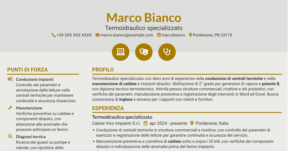 7 modelli di CV per Operaio specializzato termoidraulico - Conduzione di generatori di vapore, con esempi