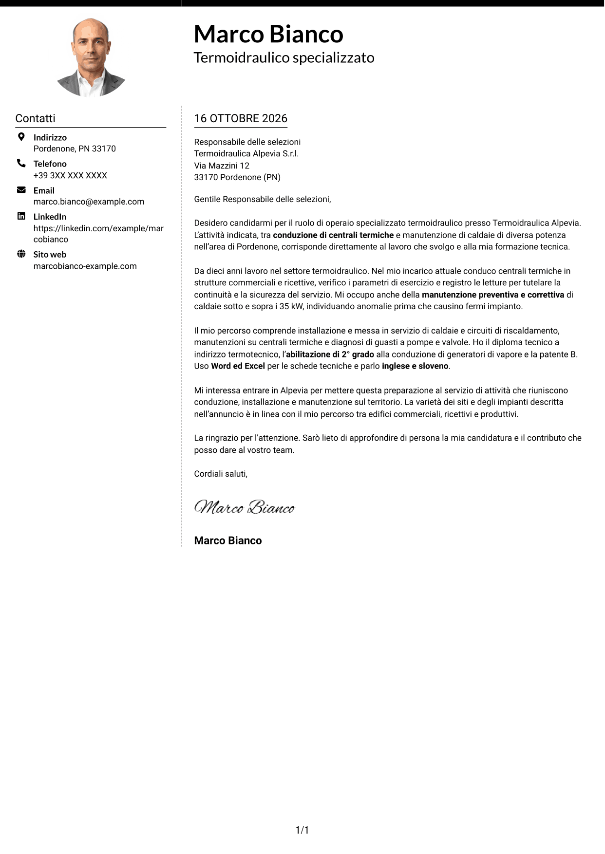 Lettera di presentazione Moderno (formato a due colonne con foto a sinistra e separatore): Operaio specializzato termoidraulico - Conduzione di generatori di vapore, pagina 1