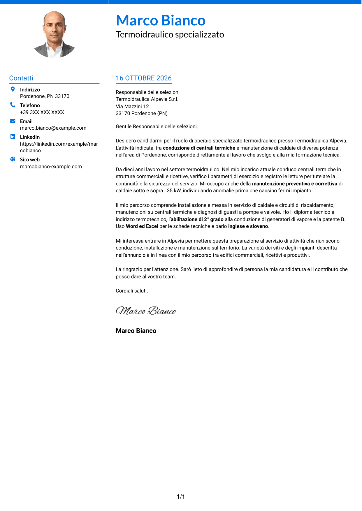 Lettera di presentazione Audace (formato a due colonne con accenti colorati e foto): Operaio specializzato termoidraulico - Conduzione di generatori di vapore, pagina 1