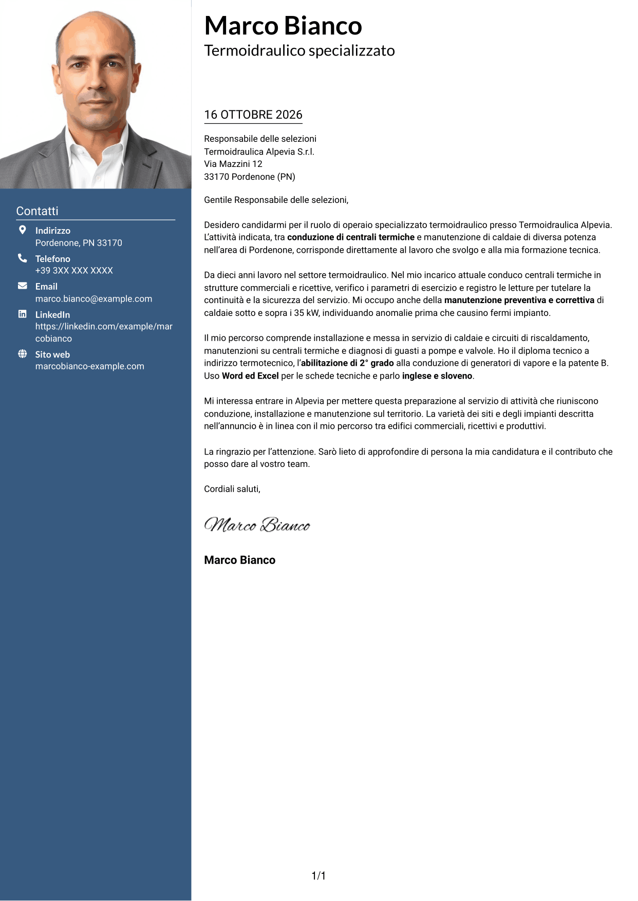 Lettera di presentazione Signature (formato con colonna laterale colorata e foto grande): Operaio specializzato termoidraulico - Conduzione di generatori di vapore, pagina 1